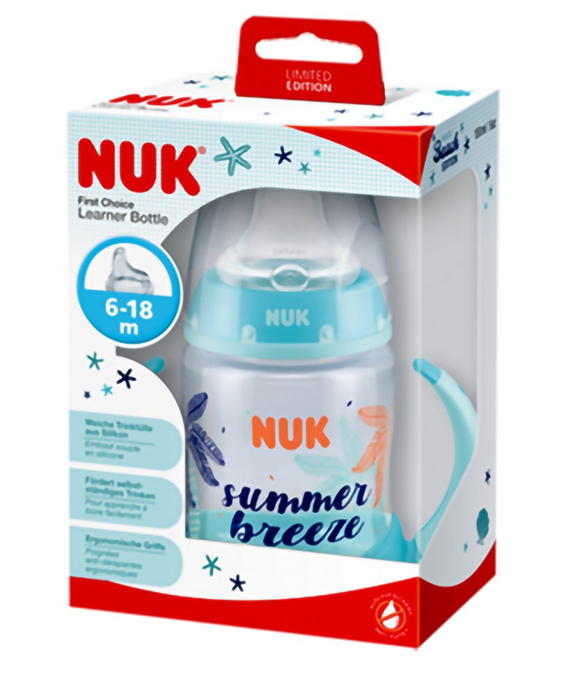 NUK Babyflasche NUK First Choice blau 150ml 6-18M Trinklernflasche Beach Griff mit Editon