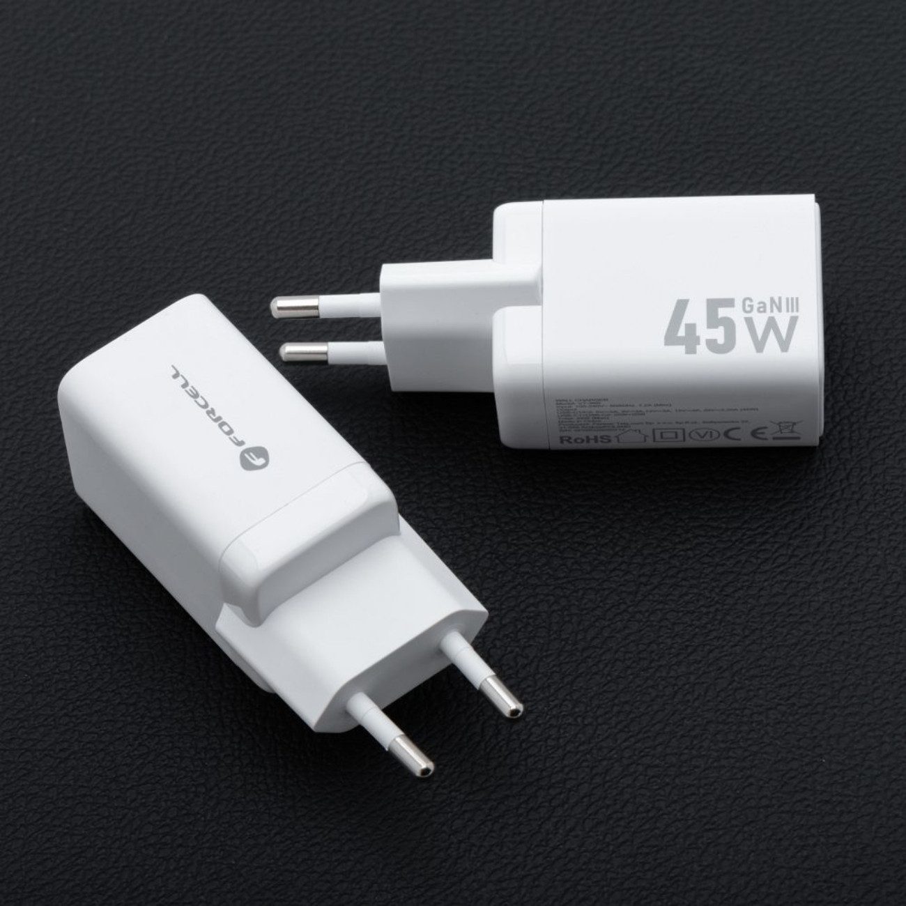 Forcell VT-36 USB-Ladegerät (3000 mA, Einzelladegerät, Kompaktes GaN-III-Ladegerät mit 45 W, PD, QC 4.0, 2 Anschlüsse)