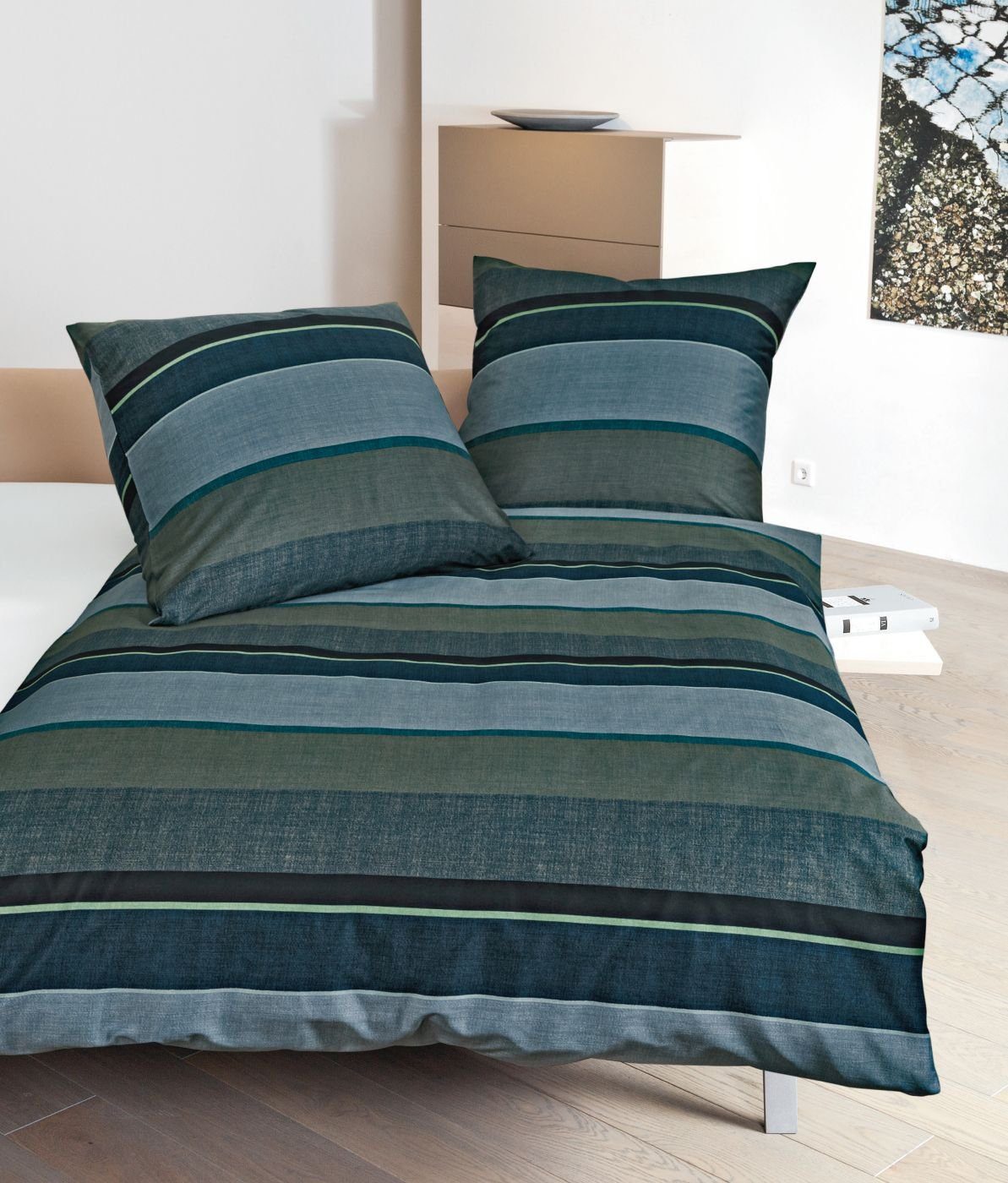 Bettwäsche Mako-Satin Bettwäsche 2tlg 135 x 200 cm grünblau, Janine,  Baumolle, 2 teilig, Bettbezug Kopfkissenbezug Set kuschelig weich hochwertig