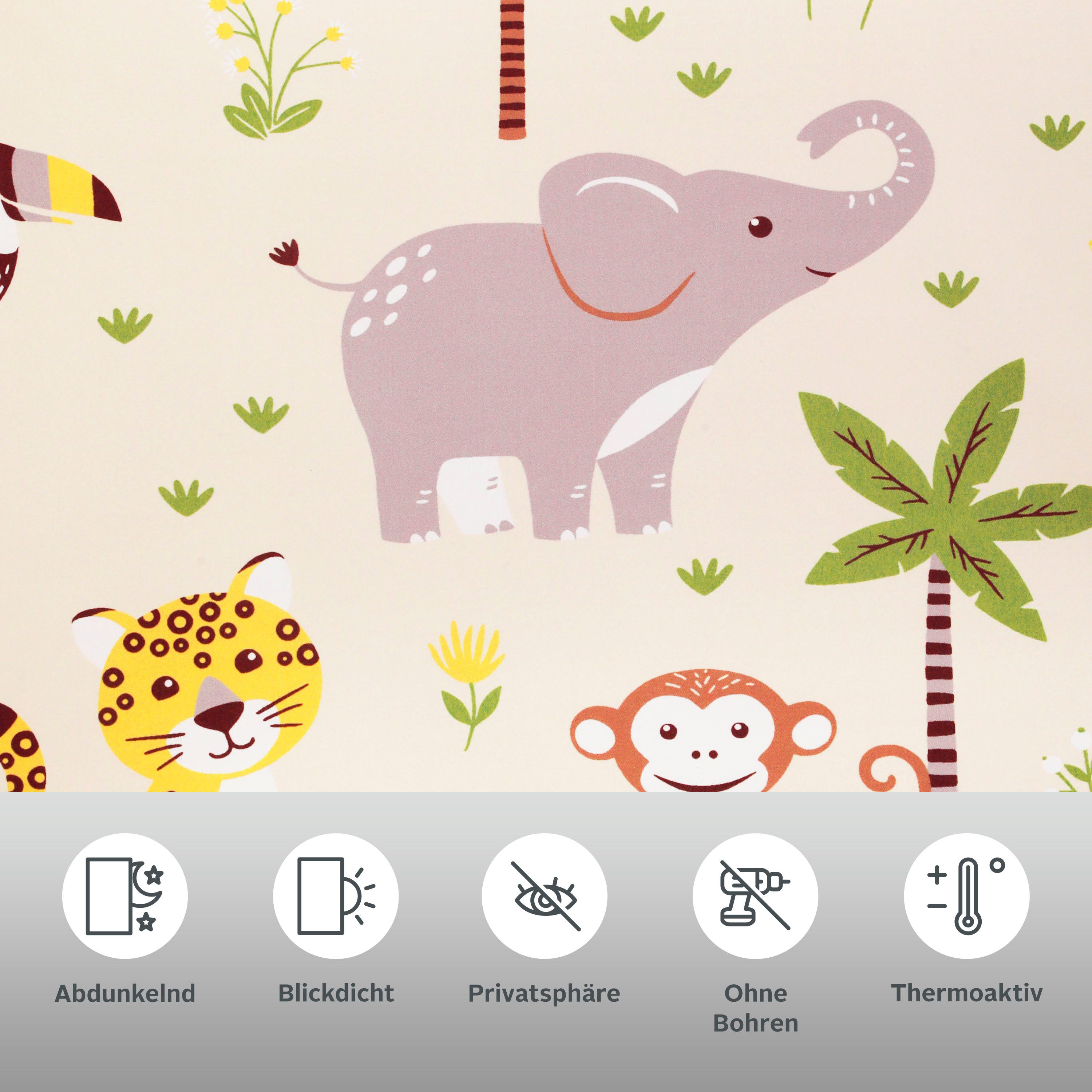 Rollo Jungle, OTTO home, Lichtschutz, ohne Bohren, freihängend, Klemmfix, Klemmfix, Fixmaß, Tiere, Kinderrollo, einseitig bedruckt