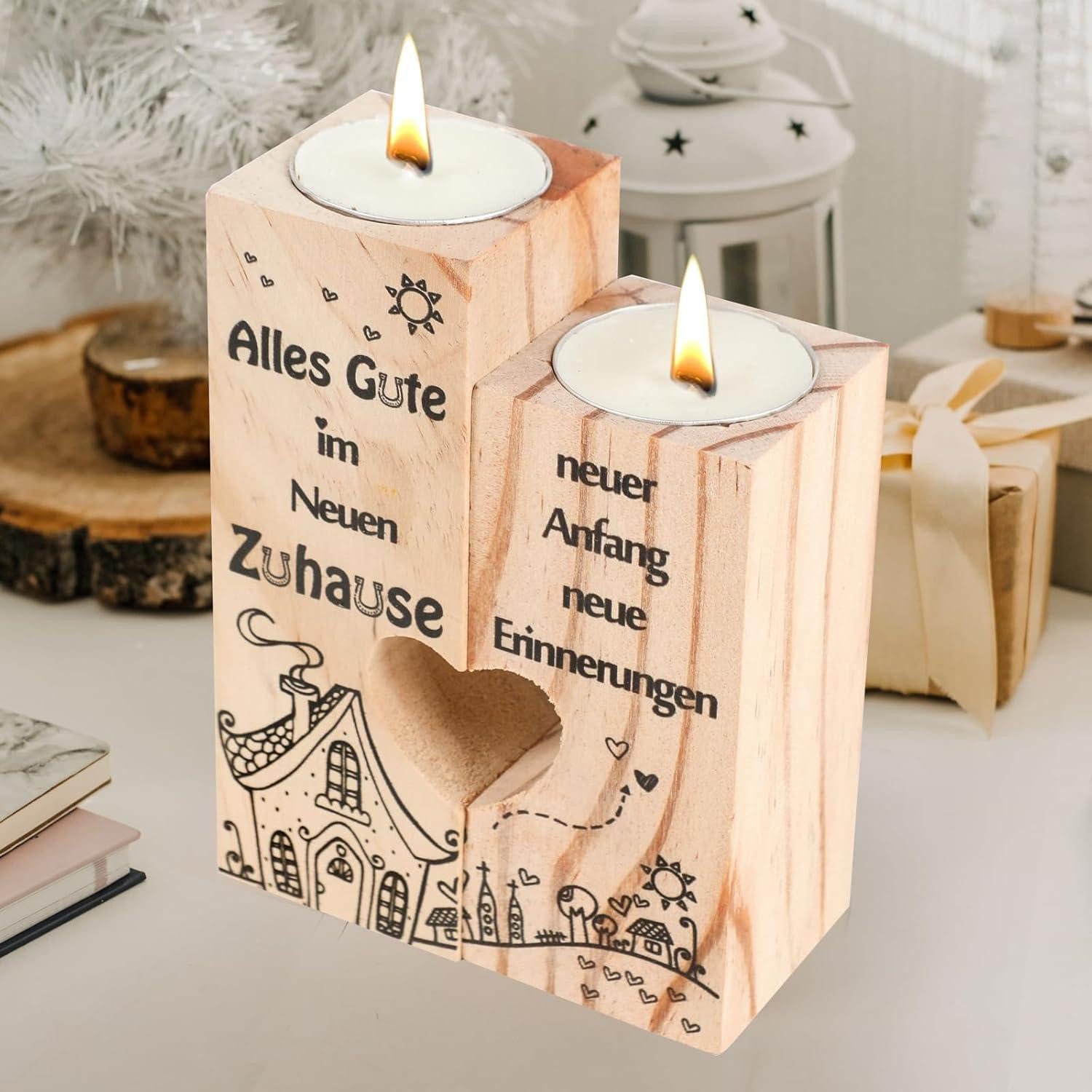 Kerzenständer Einzugsgeschenk: Seutgjie Holz Kerzenständer Set Herzen 12cm & 10cm