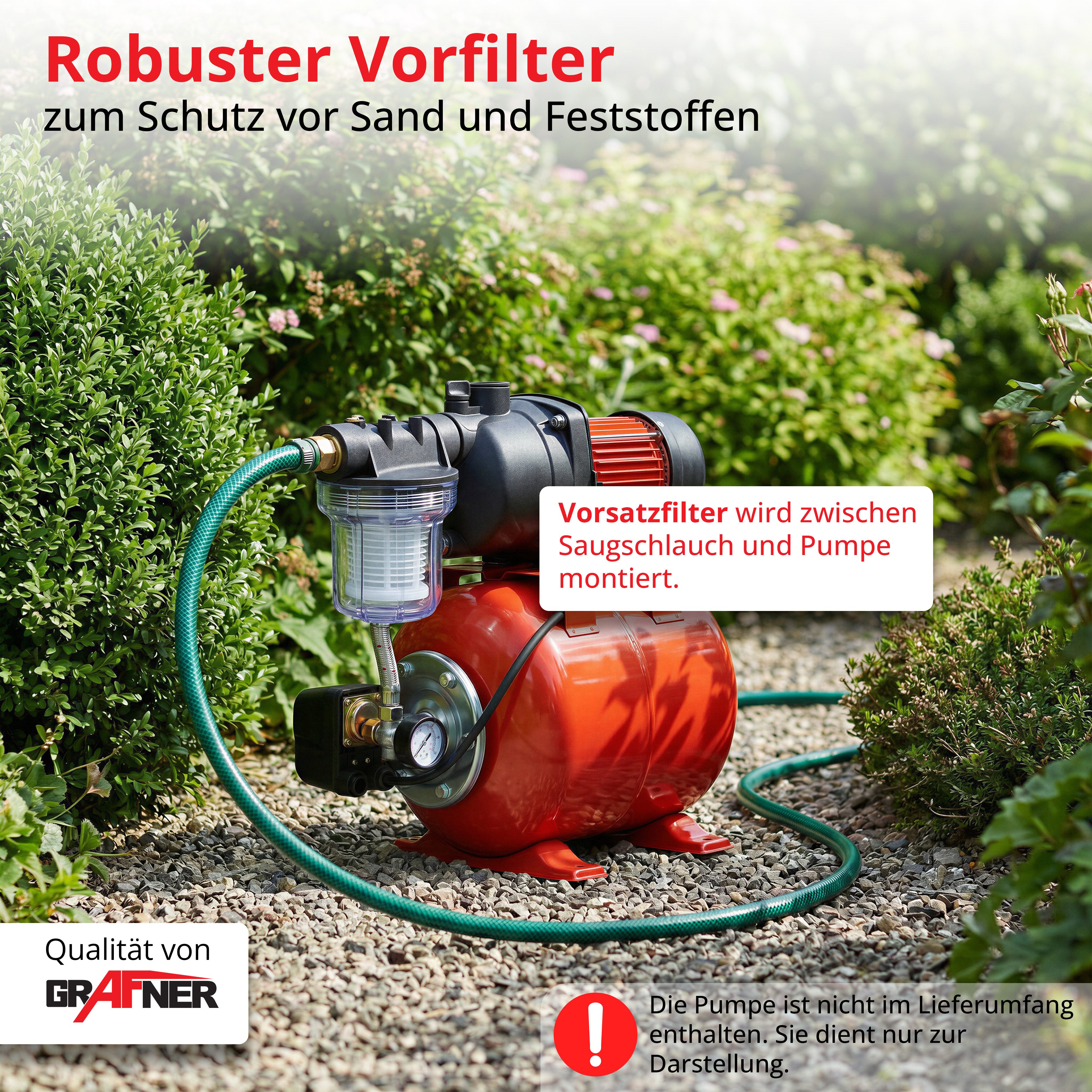 Grafner Wasserfilter Filter für Hauswasserwerk und Gartenpumpe kurz, mit Filter