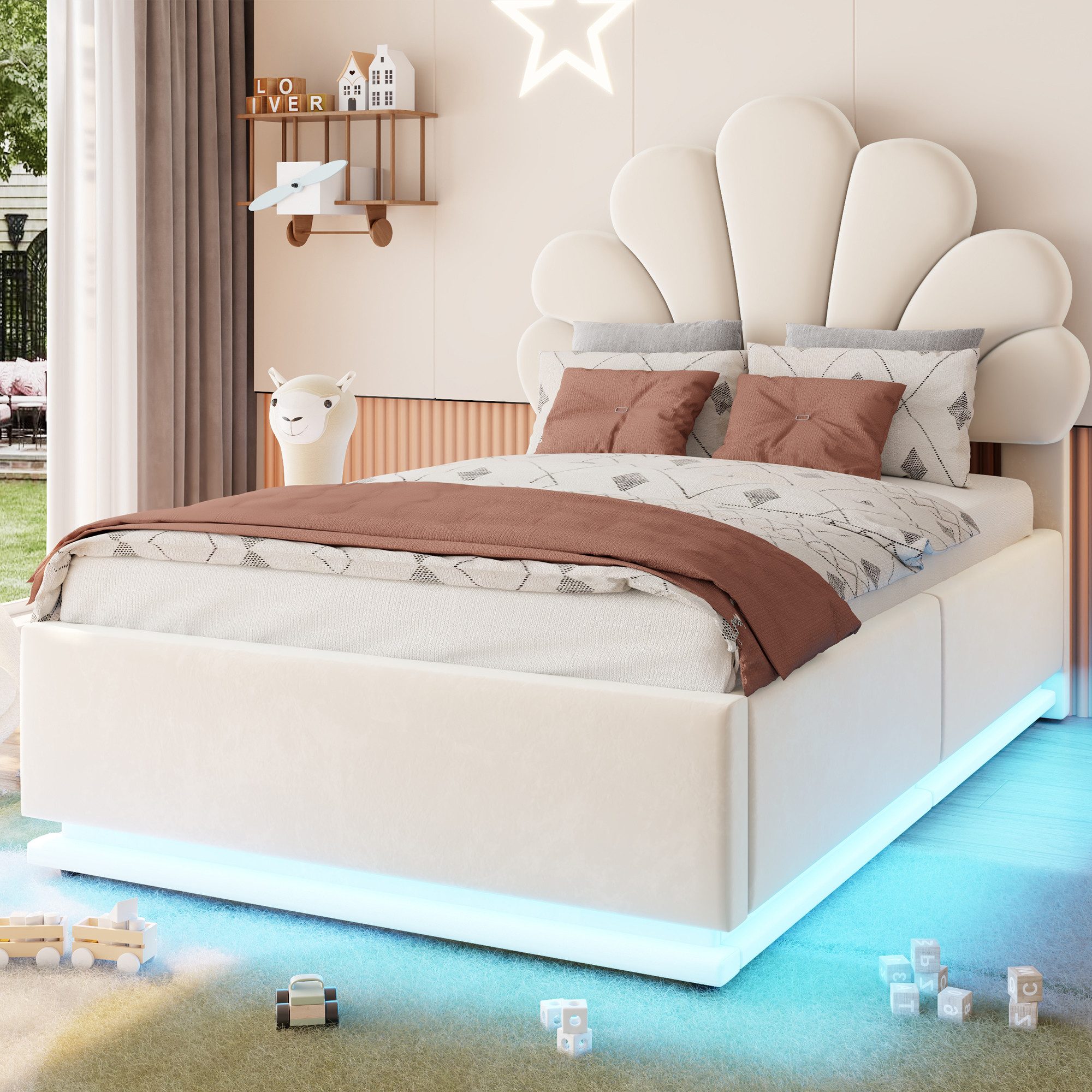 Merax Polsterbett 90x200cm mit LED-Beleuchtung & Blütenkopfteil (1-tlg), Kinderbett mit hydraulischem Stauraum & Metallrahmen, Samt Jugendbett – Bild 4 von 5