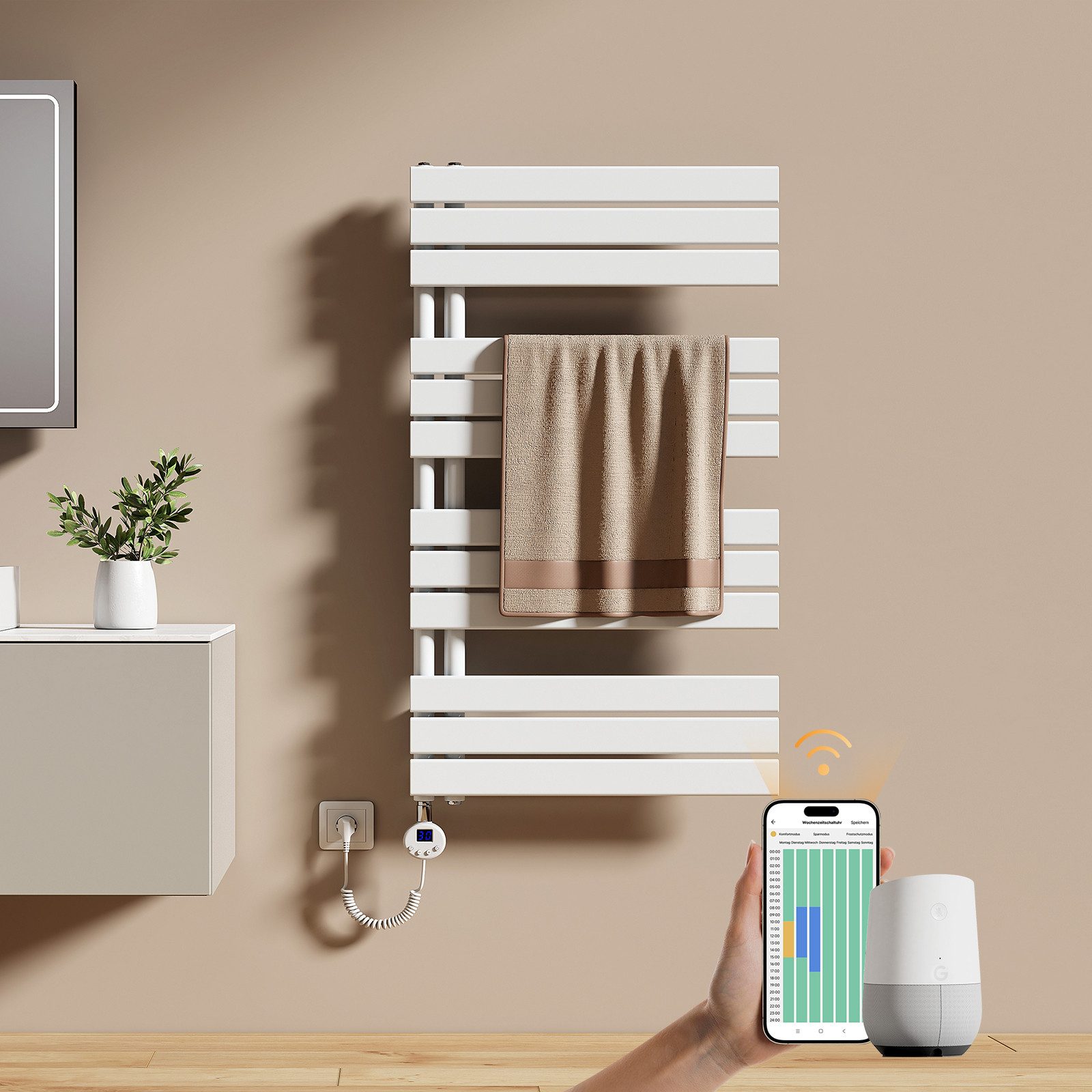 EMKE Elektrischer Badheizkörper WLAN- und App-Steuerung mit intelligentem Thermostat Elektroheizung, Weiß 4 Heizmodi, IPX4, Kindersicherung 400W~1000W