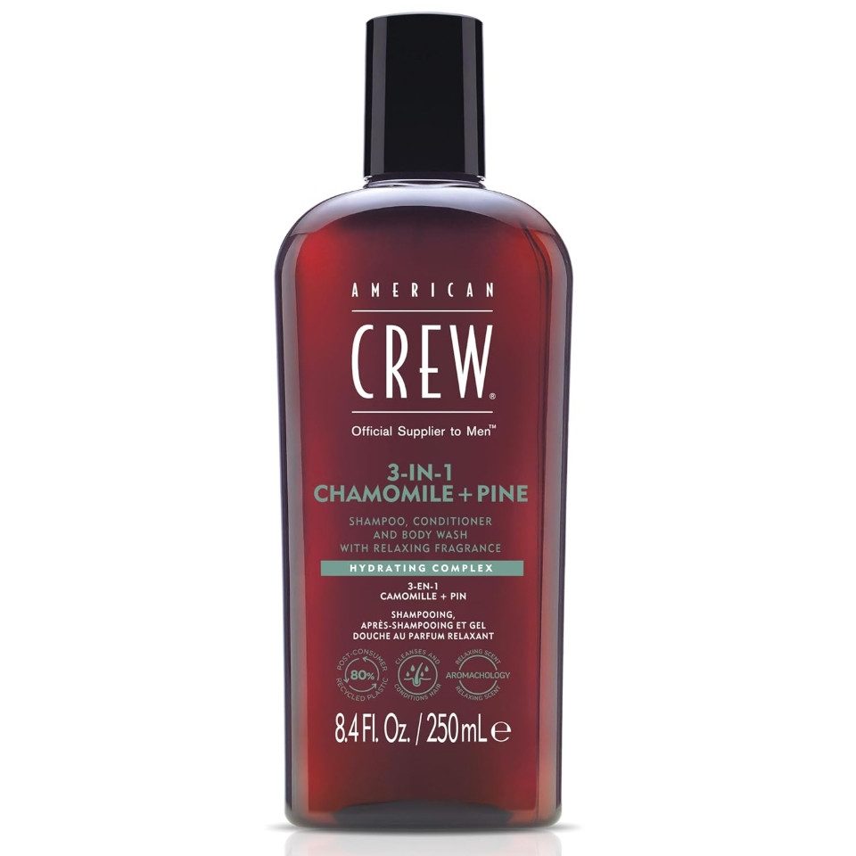 American Crew Haarshampoo 3-in-1 Kamille & Kiefer Shampoo, Conditioner & Body Wash 250 ml, All-in-One Männerpflege