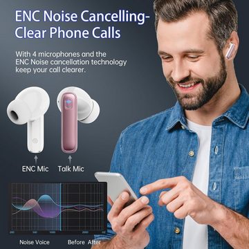 Renimer Kabellos Bluetooth 5.3 mit 4 Mikrofon, ENC Lärmreduzierung In-Ear-Kopfhörer (Kristallklare Anrufe dank Umgebungsgeräuschunterdrückung und vier HD-Mikrofonen., 40 Std HiFi Stereo, LED-Anzeige, USB-C, IP7 Wasserdicht Ohrhörer)