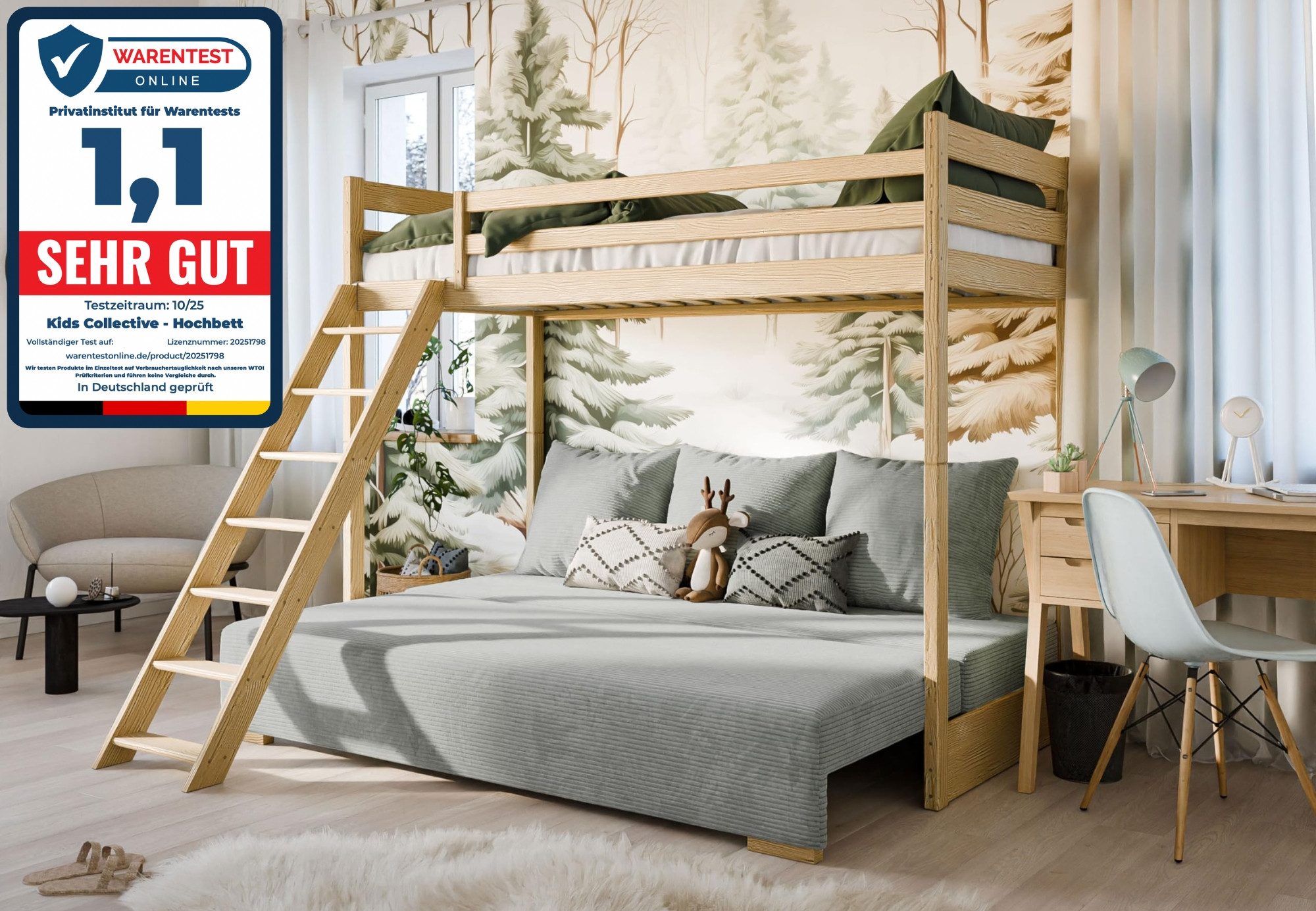 Kids Collective Hochbett 90x200 cm mit Schlafsofa 140x200 cm Couch in Cord-Stoff, 3 Kissen (Stockbett mit Leiter und Schlafcouch 200x140) OEKO TEX 100 mit 3 Kissen Sofa Etagenbett weiß 200x90 salbeigrün