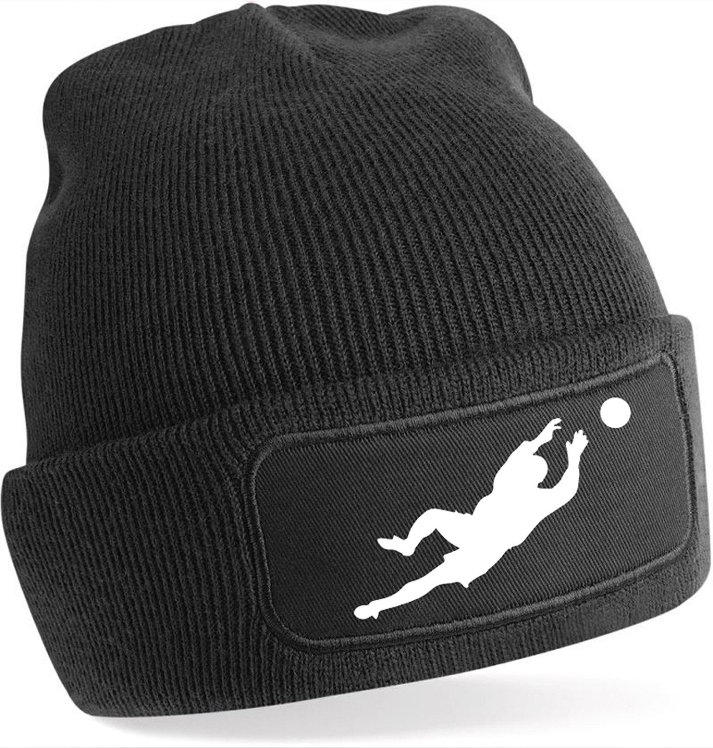 Strickmütze für kalte Tage - Beanie mit Torwart Silhouetten Fussball Print