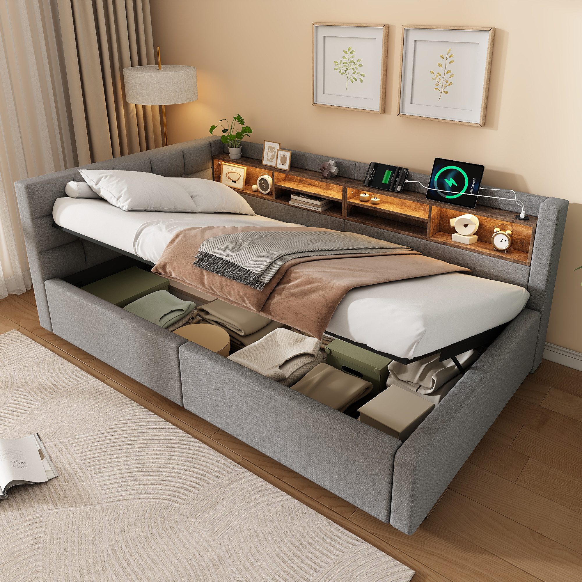 Ulife Daybett mit dimmbarer LED‑Leiste, praktischem Regal, Tagesbett, Schlafsofa, Hydraulische Lagerung mit USB‑Anschluss, 90 x 200 cm