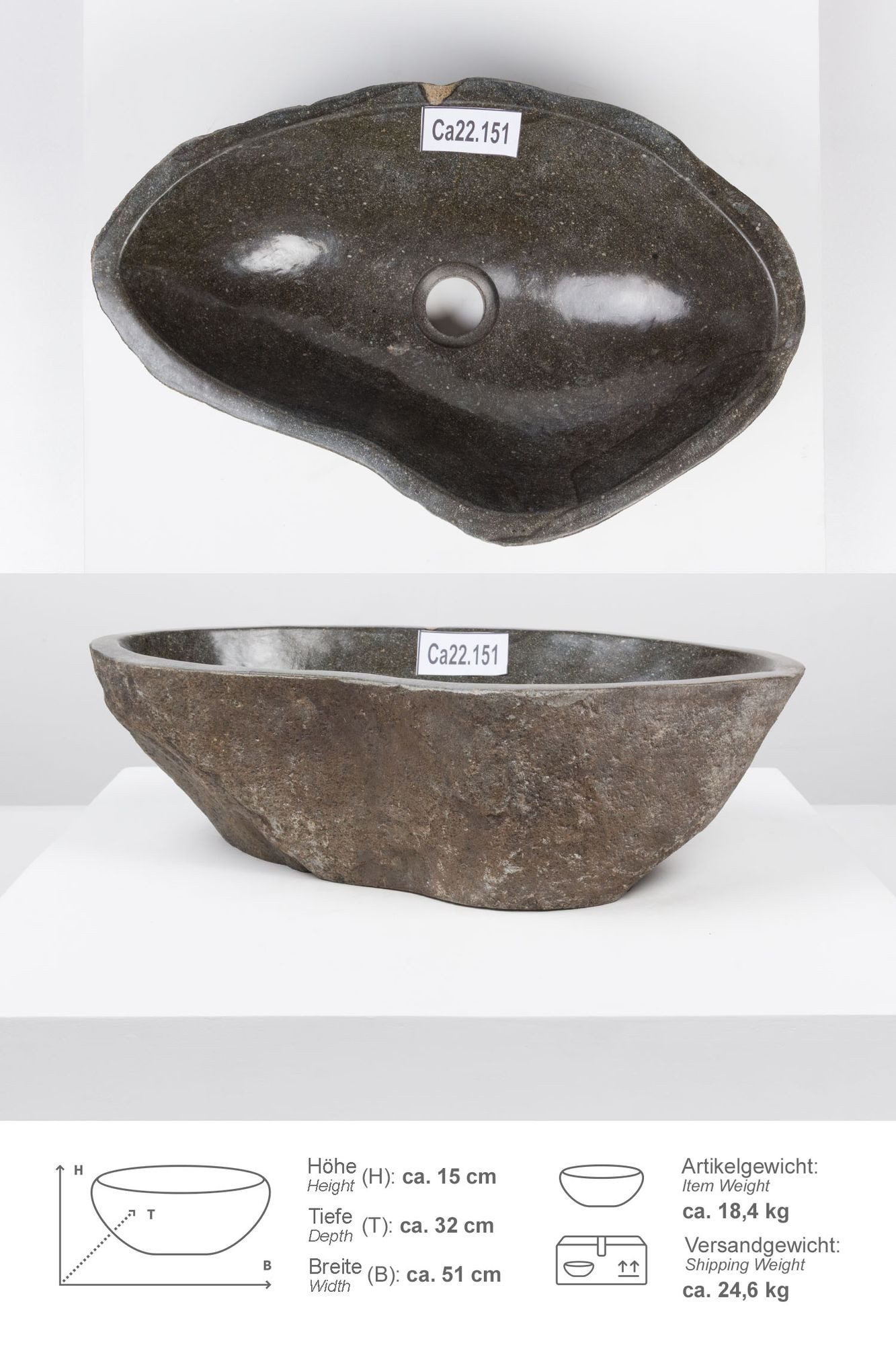 wohnfreuden Aufsatzwaschbecken Naturstein Раковины 50 cm (Kein Set), 622_Ca22.151