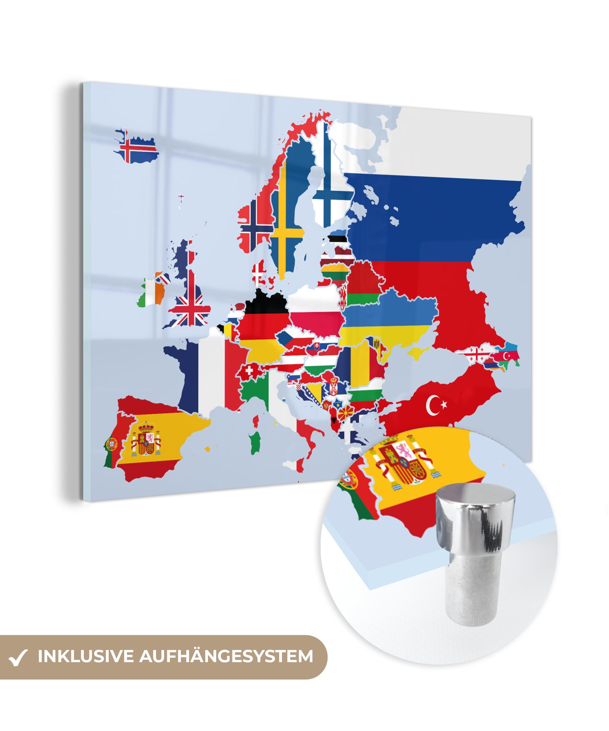 MuchoWow Acrylglasbild Karte - Europa - Flagge, (1 St), Glasbilder - Bilder auf Glas Wandbild - Foto auf Glas - Wanddekoration