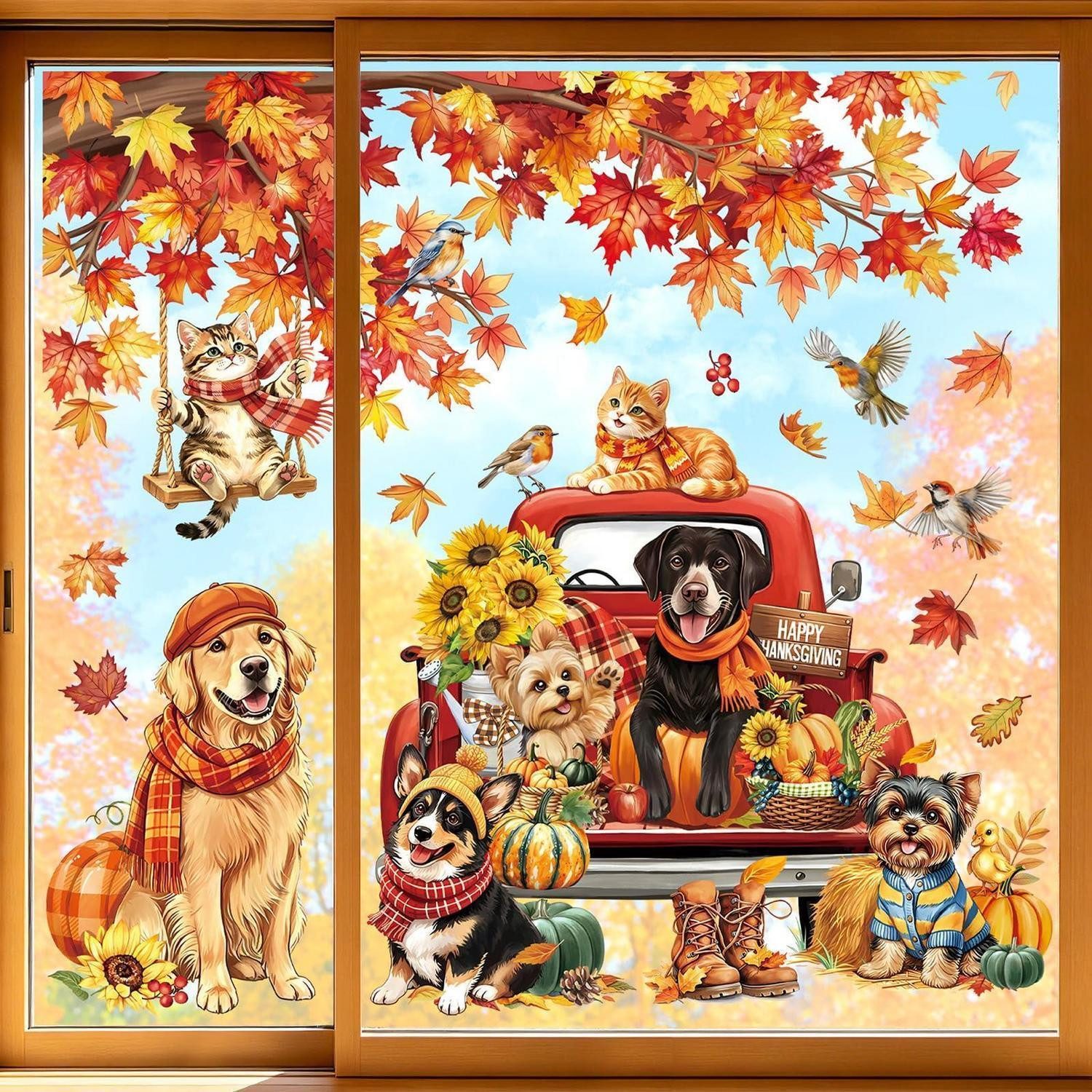 LuxusKollektion Fensterbild Fensteraufkleber Herbst Blätter Hunde Katze