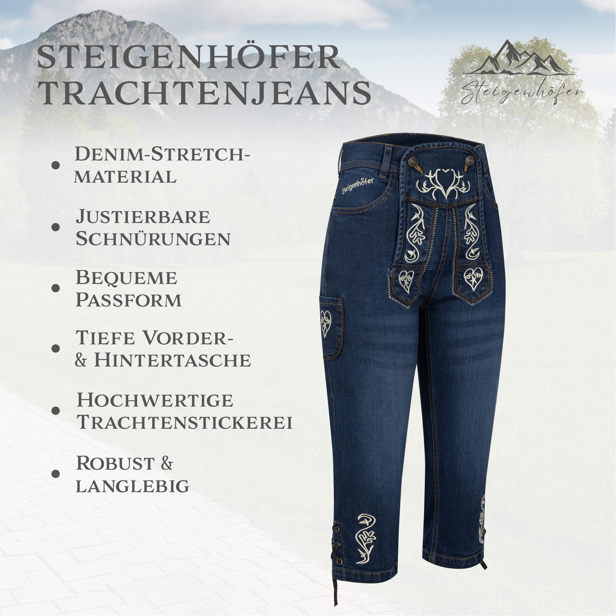 Trachtenjeans im Lederhosen Look - Damen Shorts - Stretch für Komfort - Capri Jeans