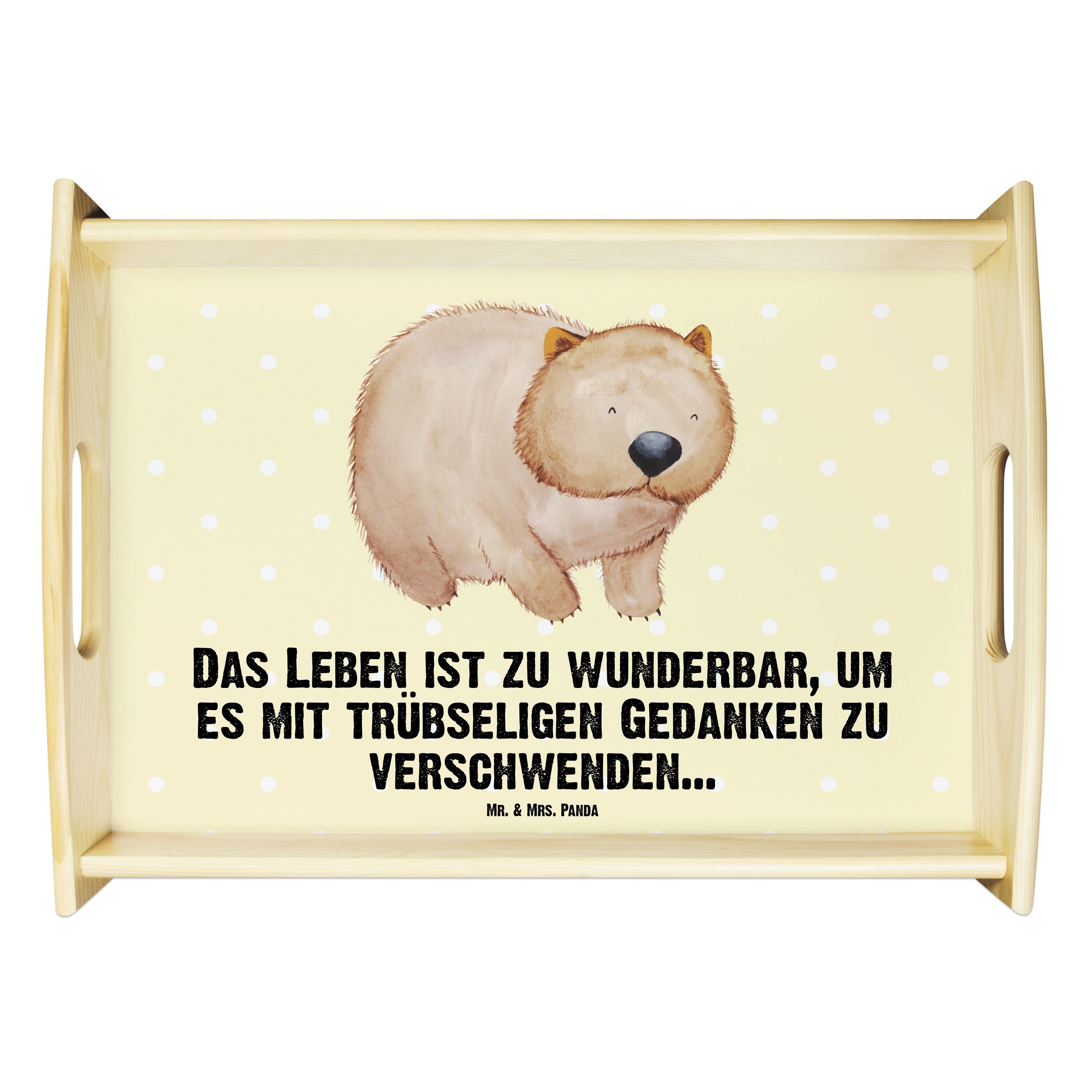 Mr. & Mrs. Panda Tablett Wombat - Gelb Pastell - Geschenk, Küchentablett, Motivation, Dekotabl, Echtholz lasiert, (1-tlg)