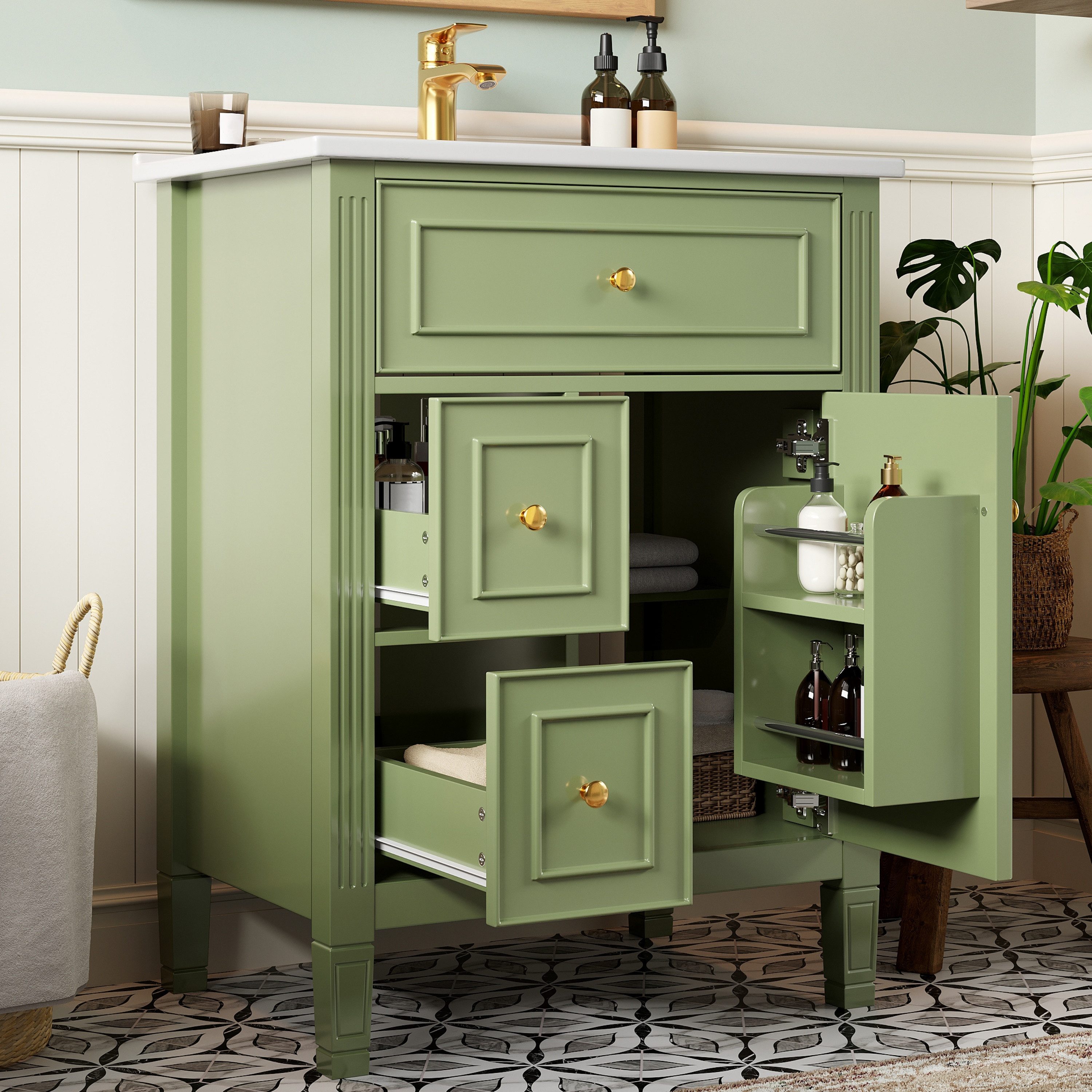 Flieks Waschtisch mit Türregalen und Schubladen, Waschbeckenunterschrank mit Waschbecken (B61/T47/H86 cm, 1-St., bodenstehend, Badschrank Lackierung), Badezimmerschrank mit Soft-Close-Funktion Badmöbel Grün