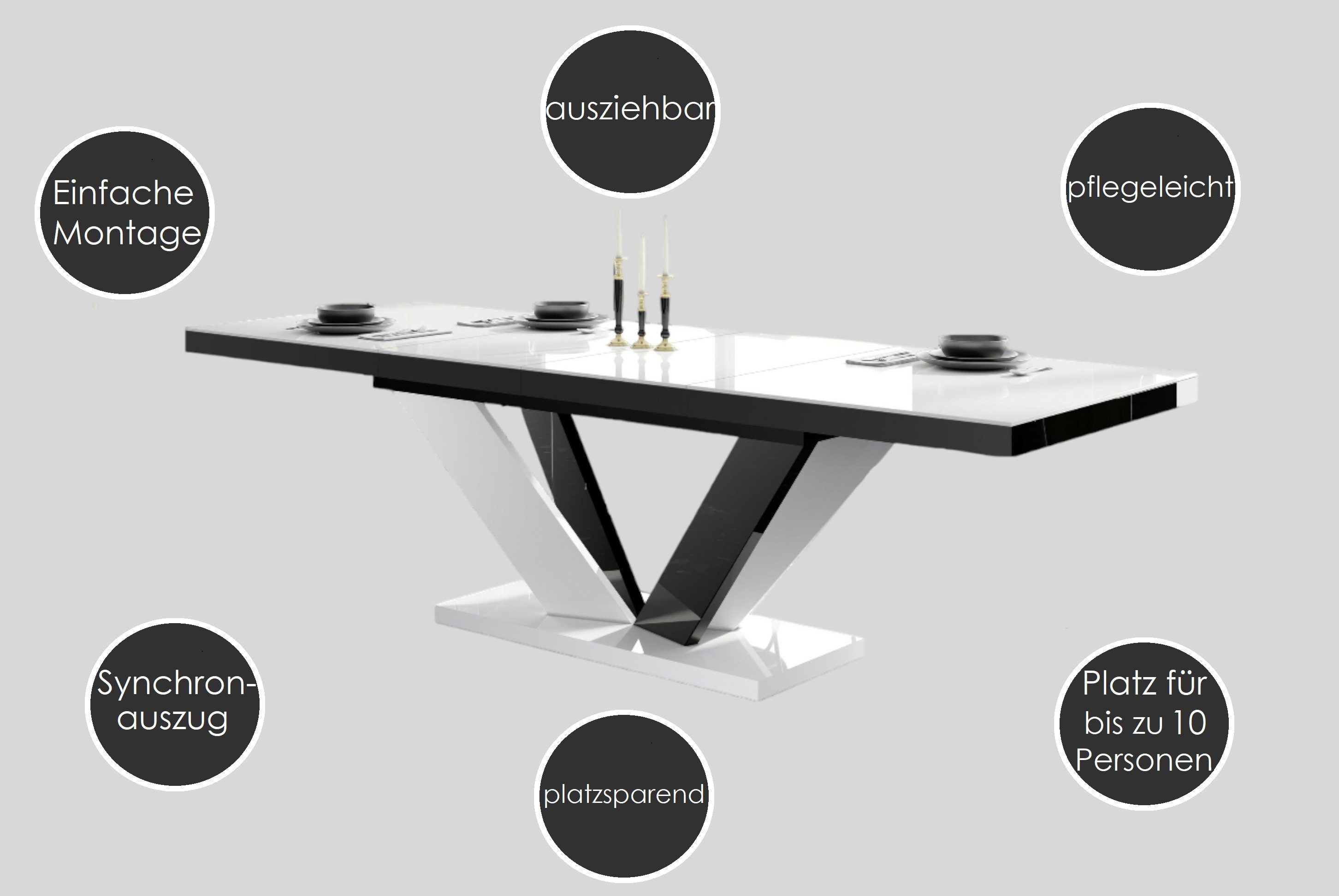 designimpex Esstisch Design Esstisch Tisch HEU-111 Hochglanz ausziehbar 160 bis 256 cm, Esstisch, Esszimmertisch, Tisch, Ausziehtisch, Küchentisch, Esszimmer