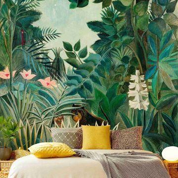 Bilderdepot24 Vliestapete Vintage Henri Rousseau Dschungel Äquator Tropisch 3D-Effekt Wanddeko, Glatt, Matt, (Inklusive Gratis-Kleister oder selbstklebend), Wohnzimmer Schlafzimmer Küche Flur Fototapete Motivtapete Wandtapete