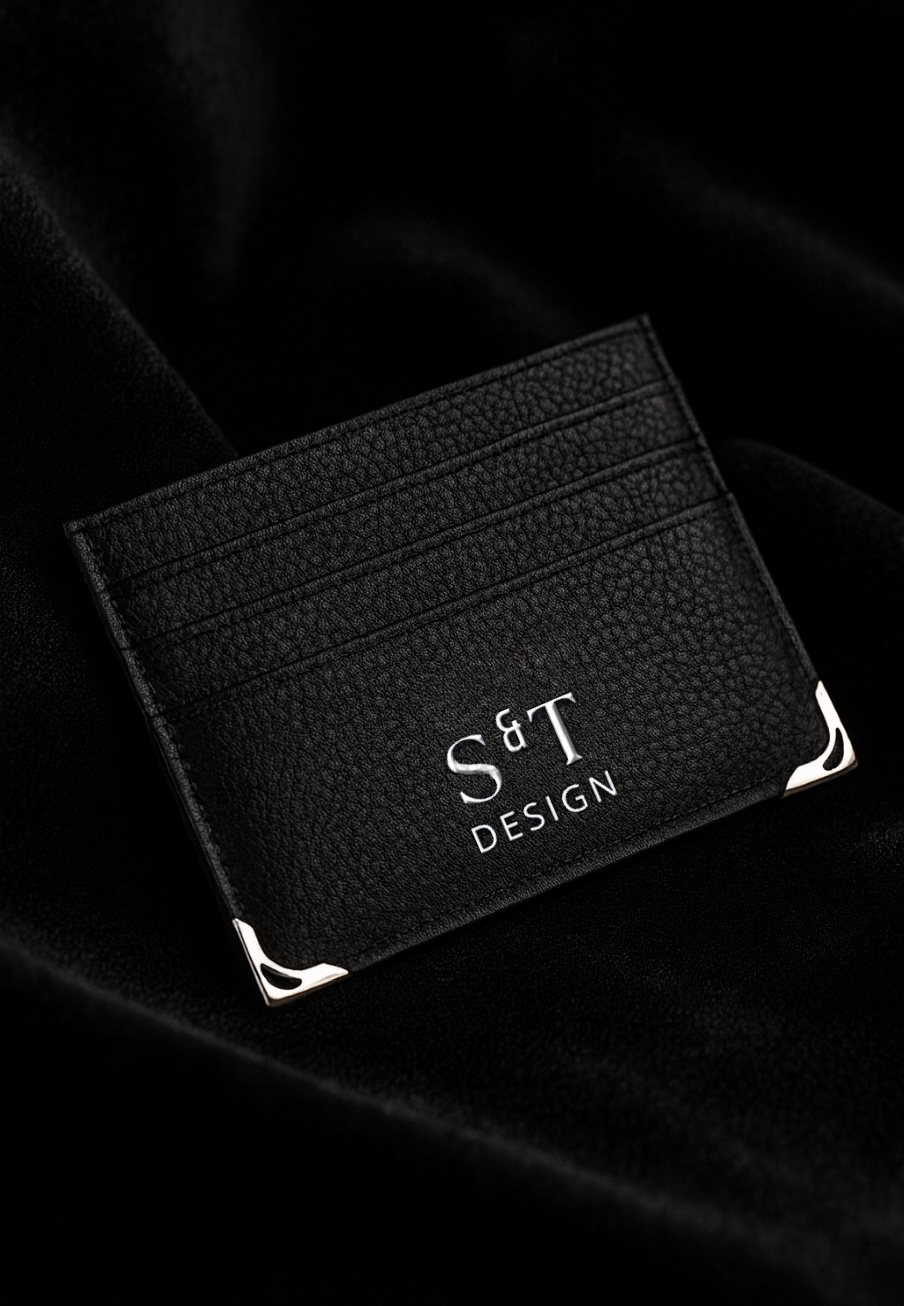 S&T Design Mini Geldbörse Brieftasche Cardholder Kreditkartenetui Leder Optik Portemonnaie (Einzelset, Inklv. Geschenkbox), Luxus Kartenetui Metall Ecken Portemonnaie Minimalistisch Dünn Schwarz