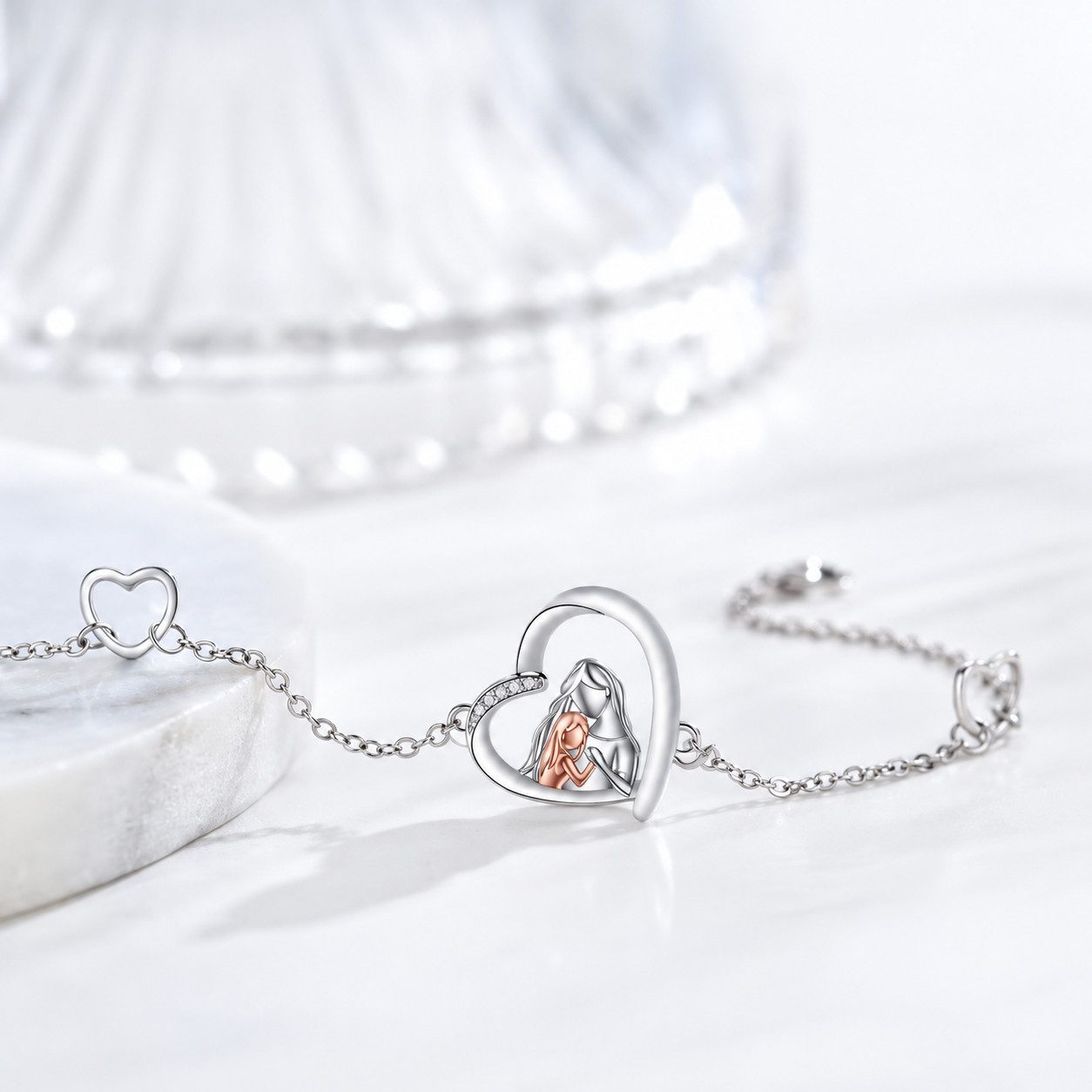 MOPUEA Bettelarmband 925er Sterlingsilber Armband für Damen mit Herzanhänger, verstellbar (1-tlg., inklusive rosa Schmuckbox), Silberfarbenes Herzarmband für Damen mit funkelndem Herzanhänger