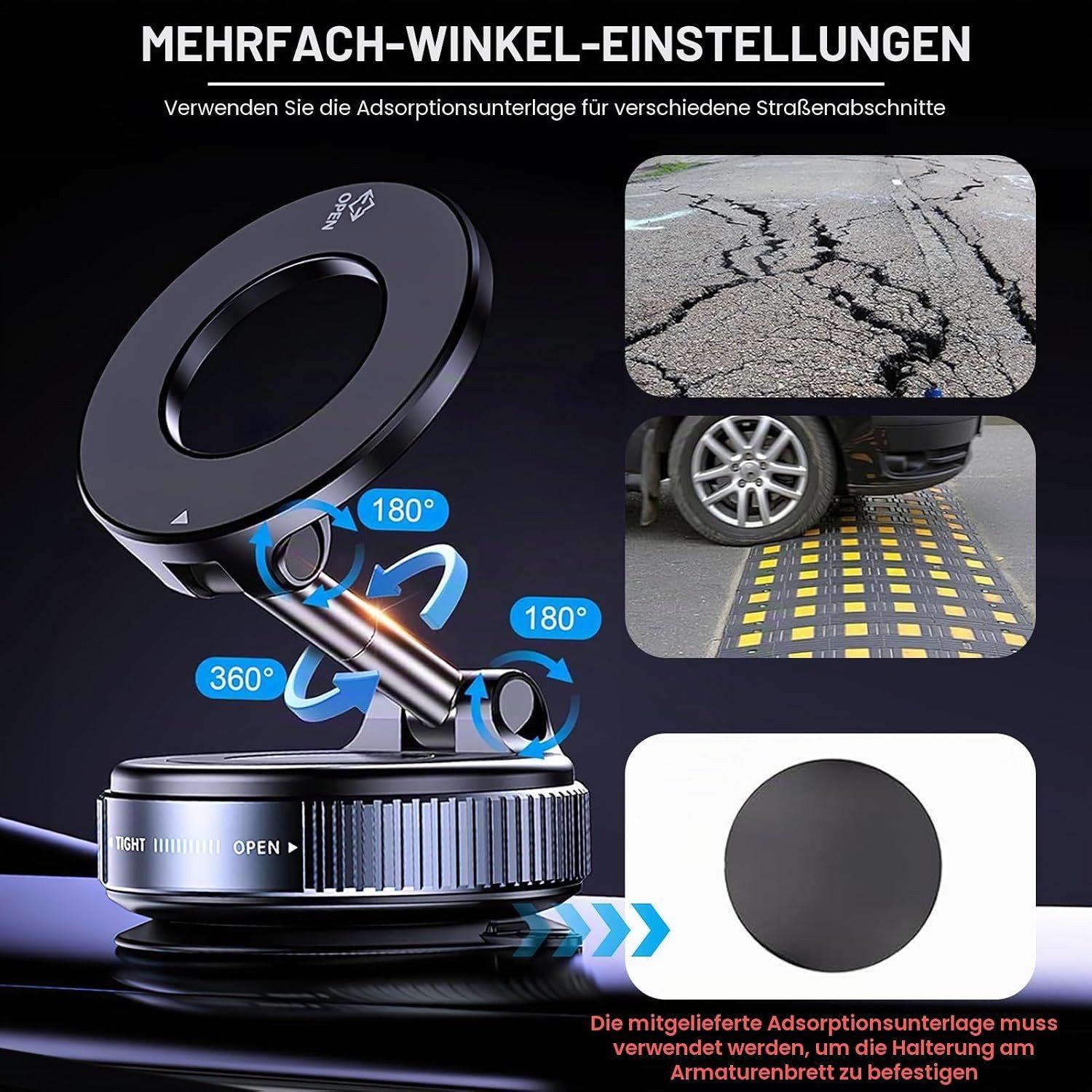 Solryn Handy-Halterung Magnetische Handyhalterung Auto Vakuum Saugnapf N52 360° Klappbar, (bis 7 Zoll, Magnet Handyhalterung Auto Saugnapf 360° klappbar KFZ, Magnetische Handyhalterung mit Saugnapf, Metallring und Klebepad, 360° drehbar, klappbar, N52 Magnete, Vakuum-Saugnapf)
