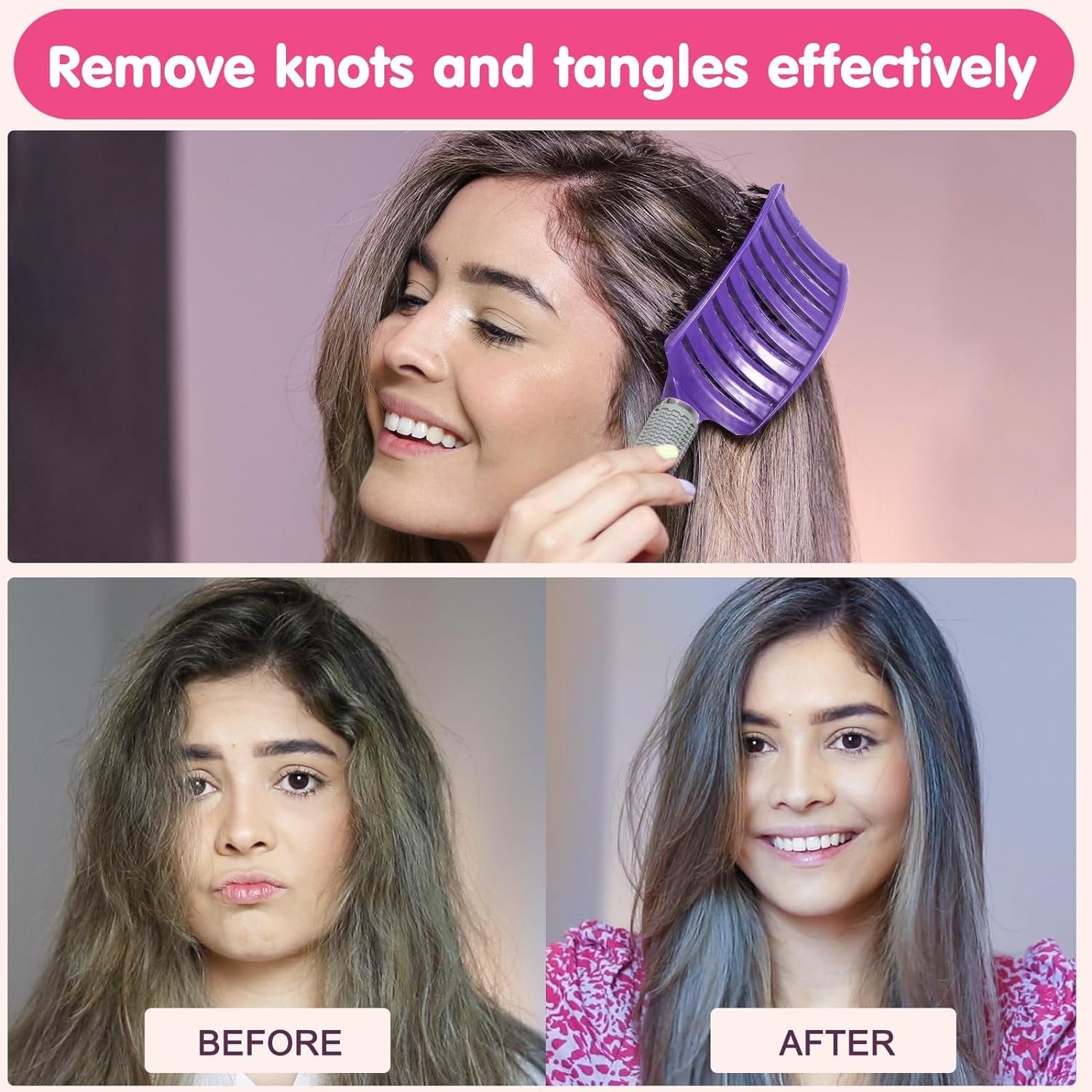 XDeer Haarbürsten-Set 2x Haarbürste ohne Ziepen Entwirrbürste mit Wildschweinborsten, gebogene und belüftete Haarbürste mit 4 Haar Klammer