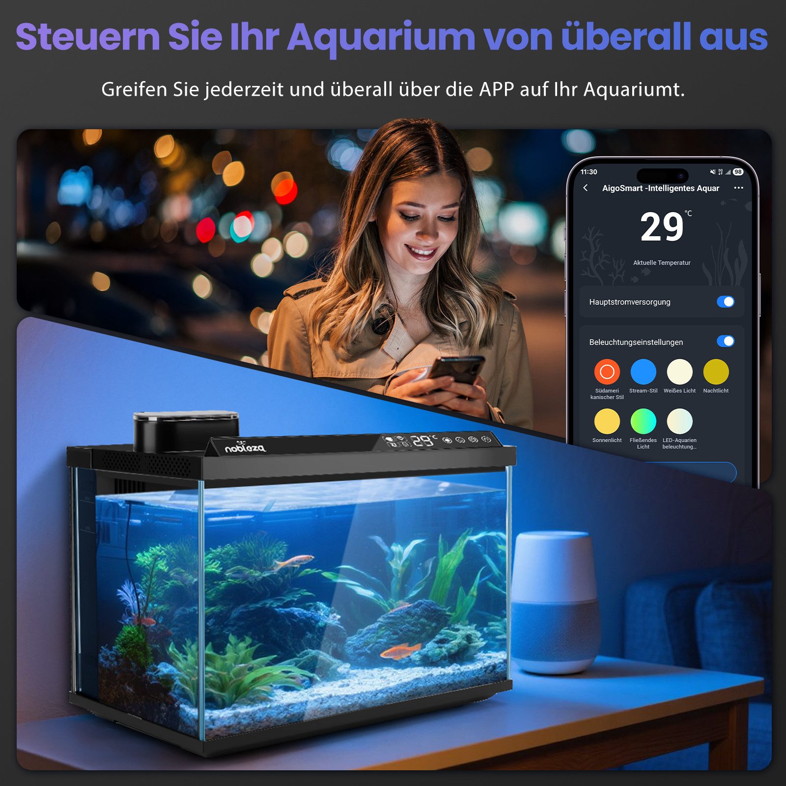 nobleza Aquarien-Set Intelligentes Fischbecken Smart Aquarium 44×24×28,5cm App-Steuerung