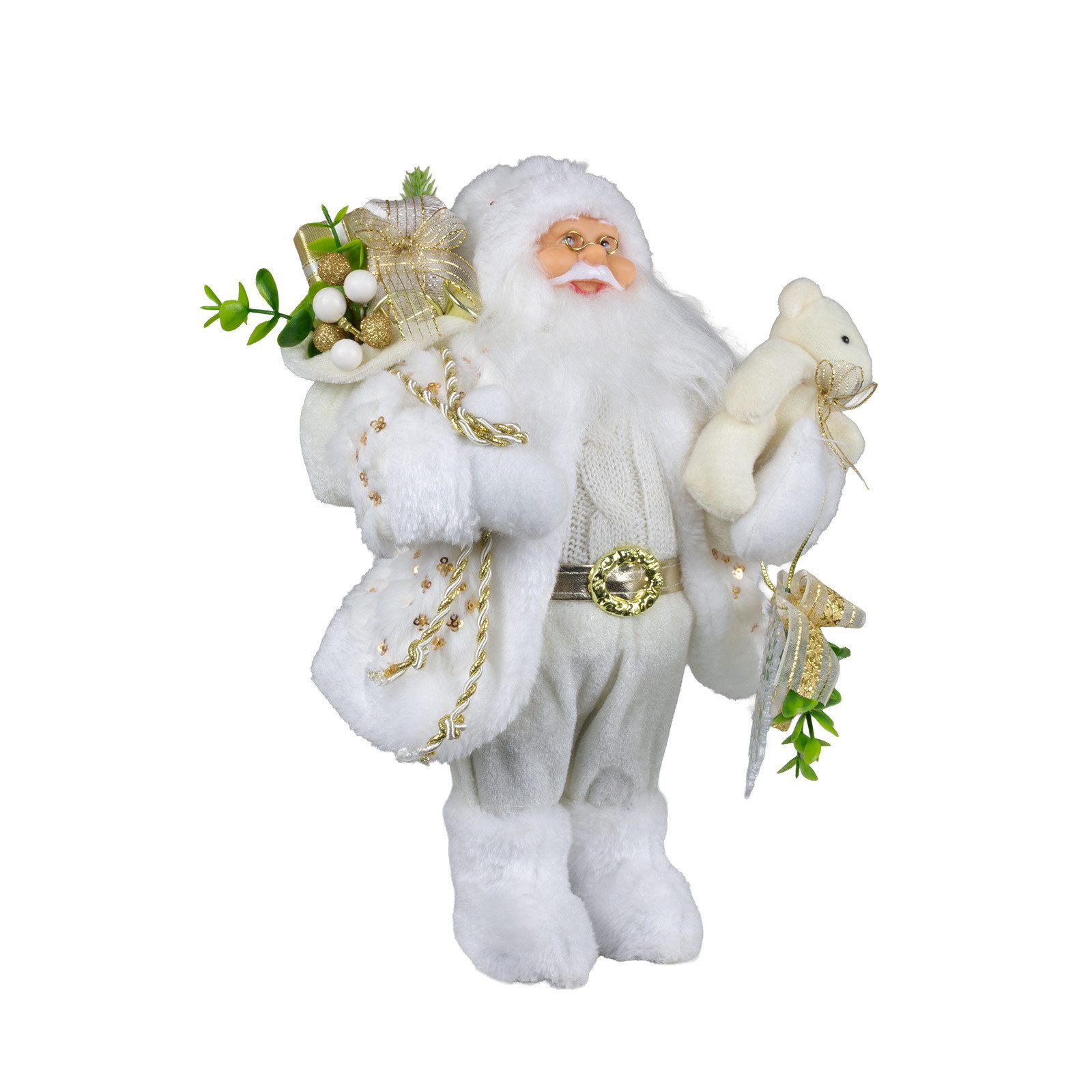 Christmas Paradise Weihnachtsmann stehend 30cm (Santa, 1 St., stehend), weiß-gold mit Teddybär