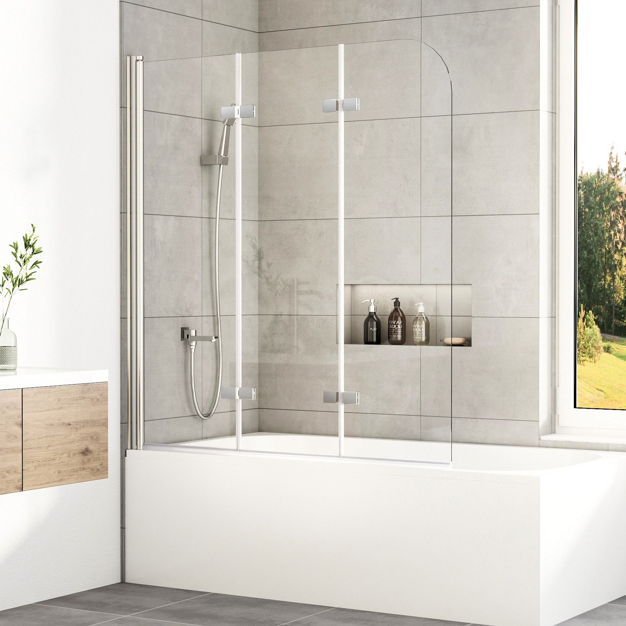 Boromal Badewannenaufsatz Duschwand für Badewanne Badewannenfaltwand 3- teilig faltbar mit NANO, Einscheibensicherheitsglas, Sicherheitsglas nach  EN 12150, Easy-Clean Oberflächenbeschichtung