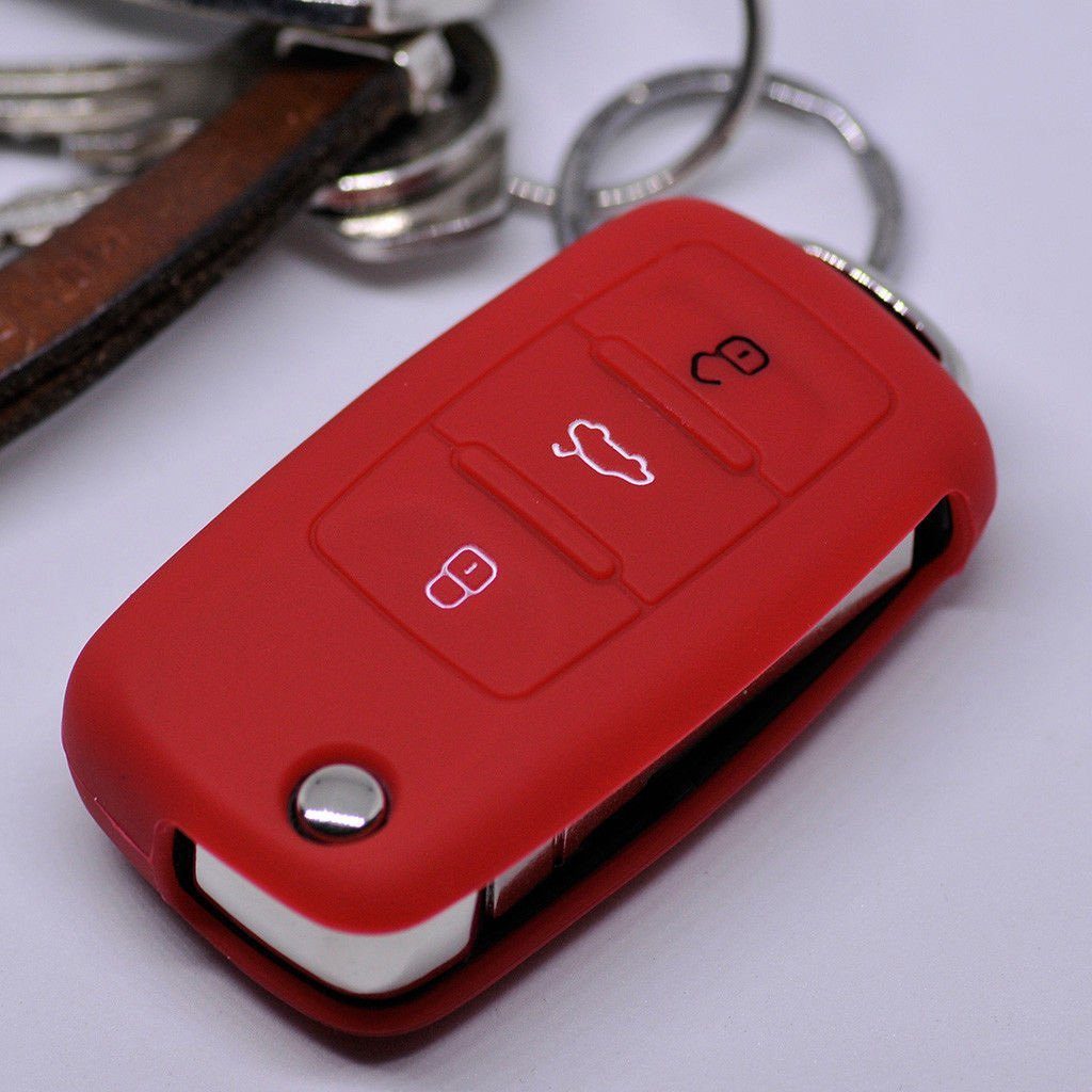 mt-key Schlüsseltasche Autoschlüssel Softcase Silikon Schutzhülle Rot, für VW Seat Skoda ab 11/2009 3 Tasten Klappschlüssel