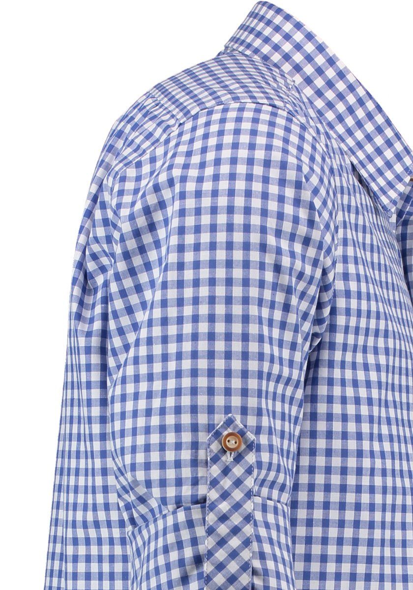 OS-Trachten Landhausstil, mittelblau, zum Herren Farbe Trachtenhemd bestickt, Karo,Langarm Krempeln Trachtenhemd