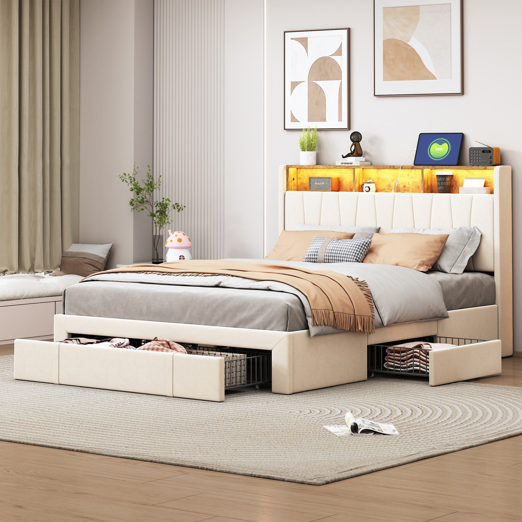 FUROKOY Polsterbett Doppelbett,Funktionsbett Stauraumbett mit LED-Licht, günstig online kaufen