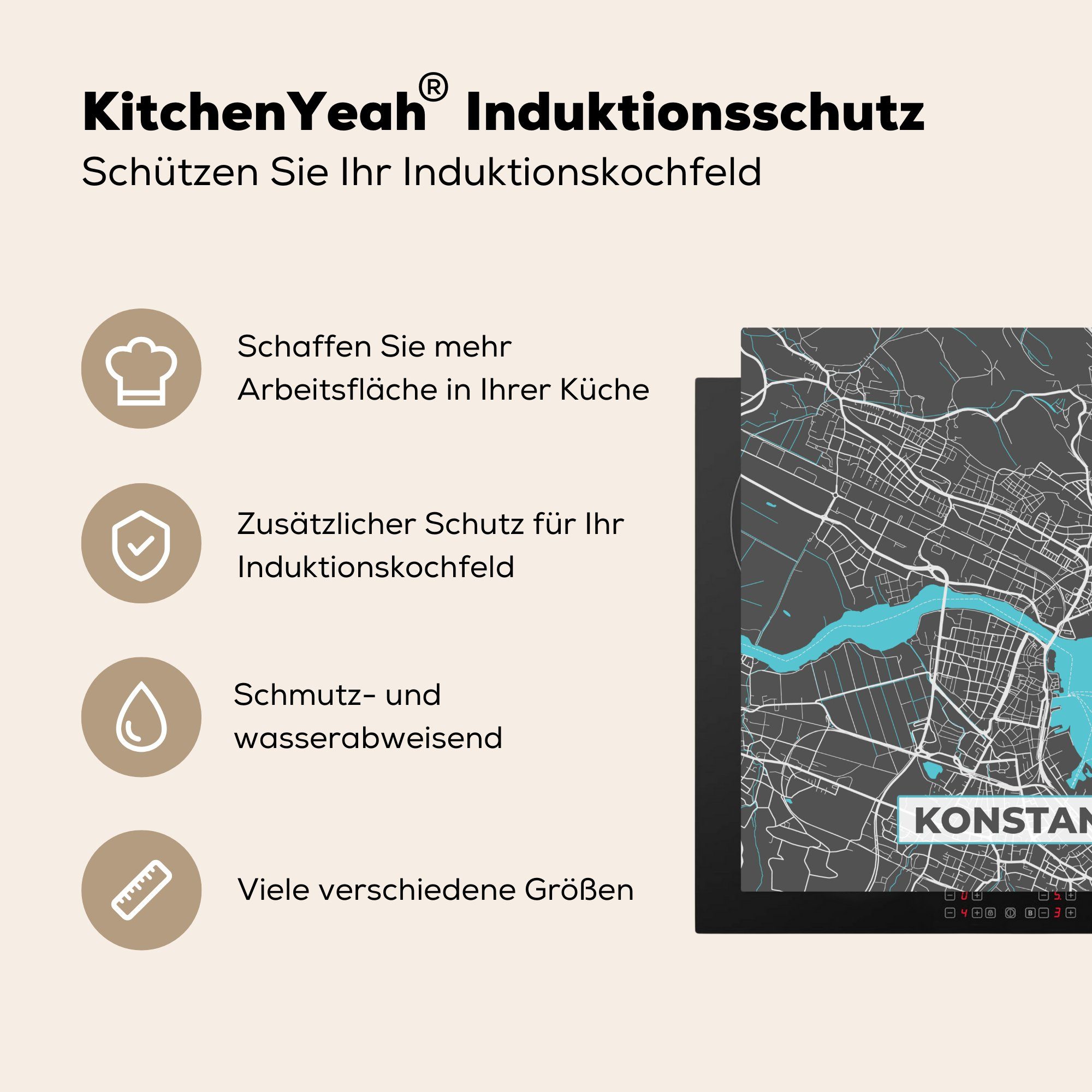 MuchoWow Herdblende-/Abdeckplatte Karte - Stadtplan Blau, Vinyl, (1 tlg), für Arbeitsplatte küche - - cm, Deutschland Konstanz 78x78 Ceranfeldabdeckung, 