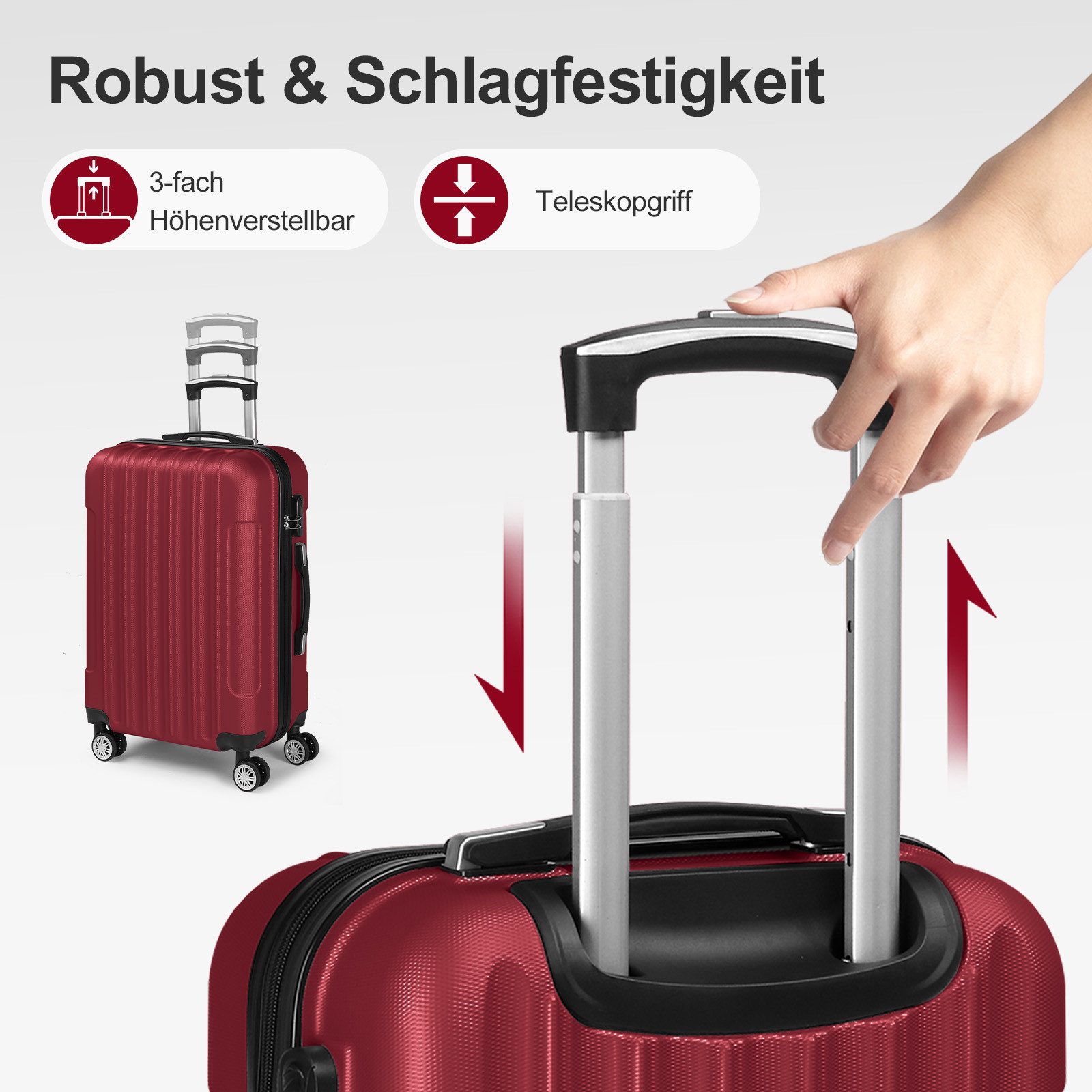 LALAHO Trolley Kofferset Hartschale Reisekoffer, 360° Rollen, 4 Rollen, 4er Set Handgepäck, moderner Koffer, Burgunderrot