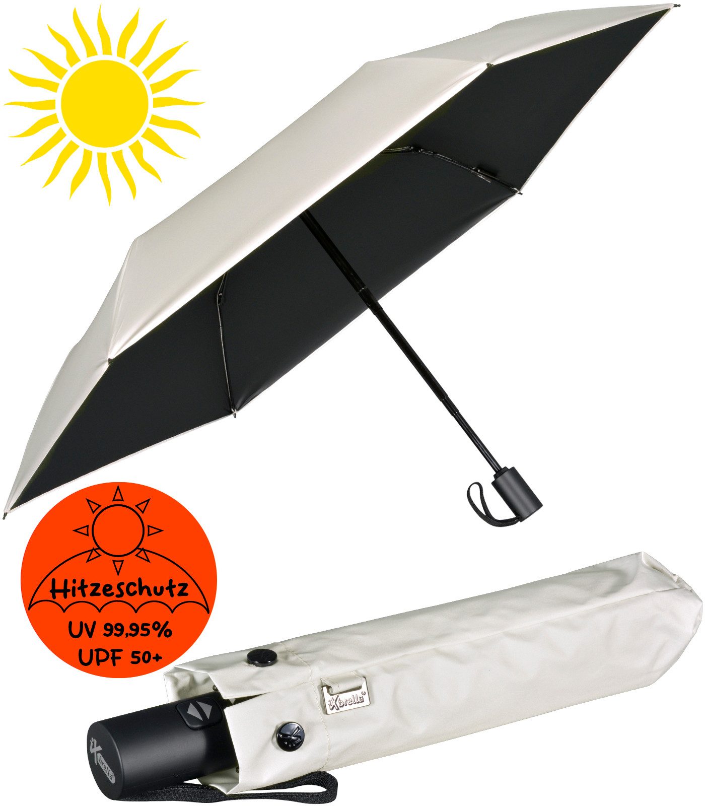 iX-brella Taschenregenschirm Sonnen-Regenschirm mit UPF 50+, UV-Hitze-Schutz, für Damen, mit Auf-Zu-Automatik, innen schwarz
