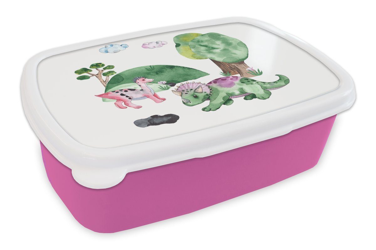 MuchoWow Lunchbox Kinderzimmer - Zeichnung - Dinosaurier - Jungen - Mädchen - Kinder, Kunststoff, (2-tlg), Brotbox für Erwachsene, Brotdose Kinder, Snackbox, Mädchen, Kunststoff rosa
