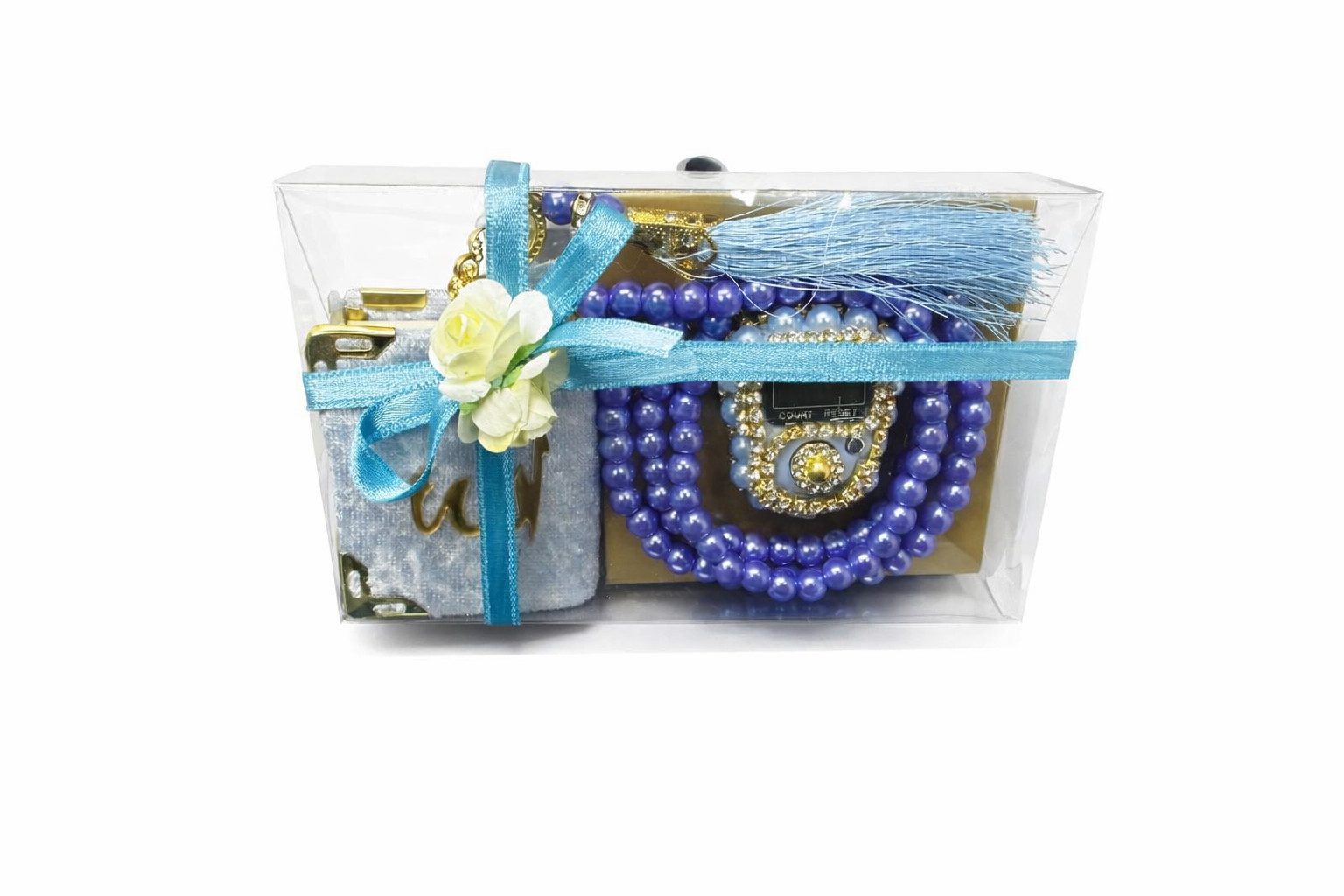 Aymasal Perlenketten-Set Islamische Geschenke 3tlg. 99 Perlenkette & Fingerzähler & Mini Koran (Schmuck, 3-teiliges Gebets-Geschenkset), Islamisches 3tlg. Geschenkset 99 Perlenkette Fingerzähler