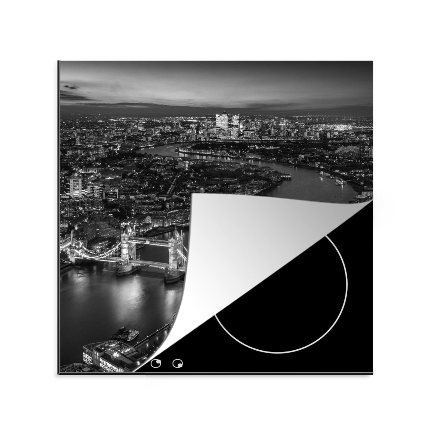 MuchoWow Herdblende-/Abdeckplatte Londoner Skyline am Morgen - schwarz und weiß, Vinyl, (1 tlg), 78x78 cm, Ceranfeldabdeckung, Arbeitsplatte für küche