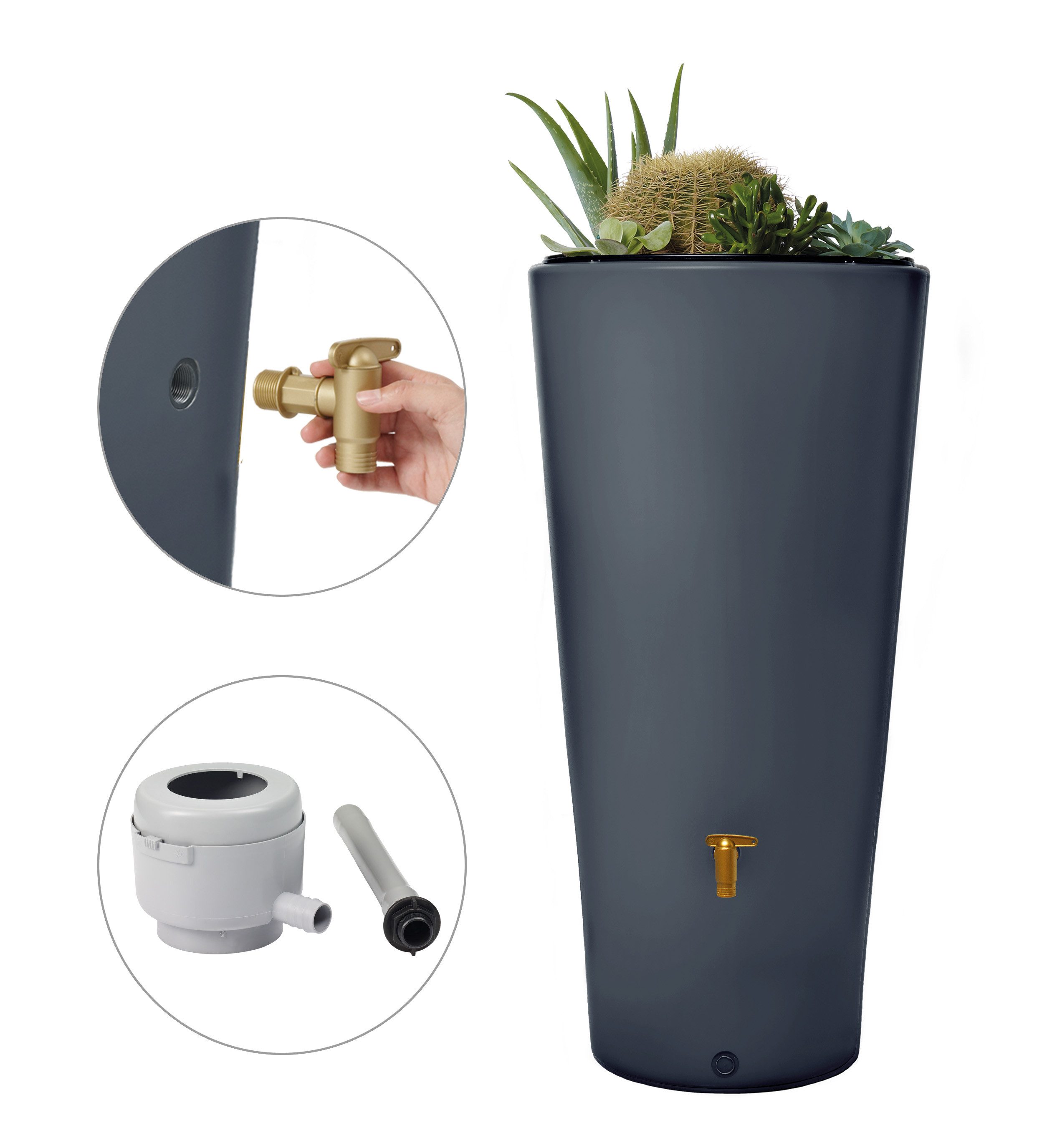 4rain Regentonne VASO 2in1 Regenspeicher Komplett-Set 220 L, graphite grey