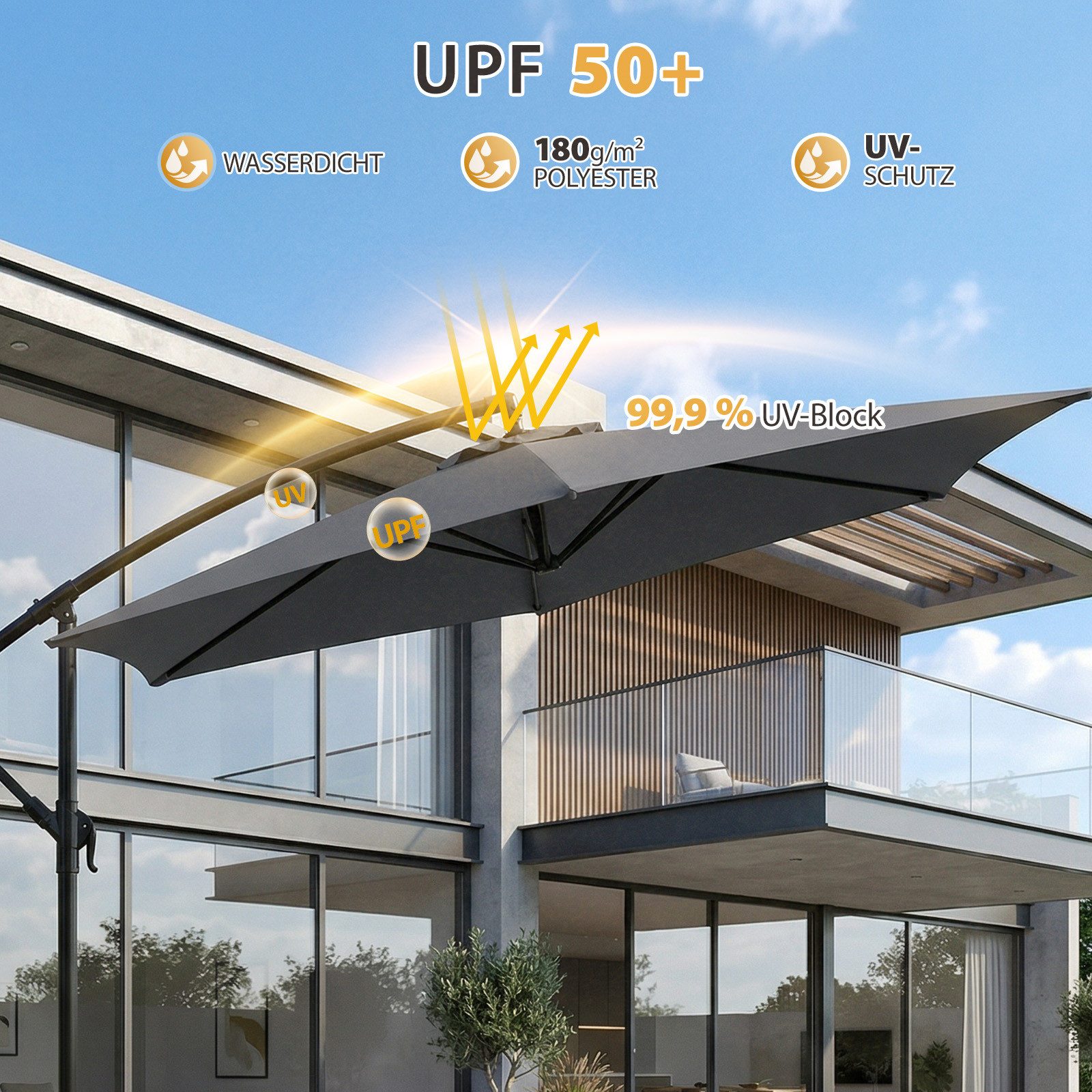 Sekey Sonnenschirm Ø300cm Ampelschirm mit Kreuzständer, Gartenschirm mit Kurbel, UV50+, LxB: 300,00x300,00 cm, Garten Terrassen Schirm rund knickbar, Winddicht & wasserdicht