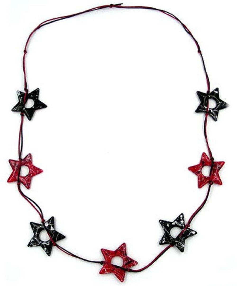 unbespielt Collier Kette Fünfzack-Sterne rot schwarz gesprenkelt Kunststoff Kordel 100 cm, Modeschmuck für Damen