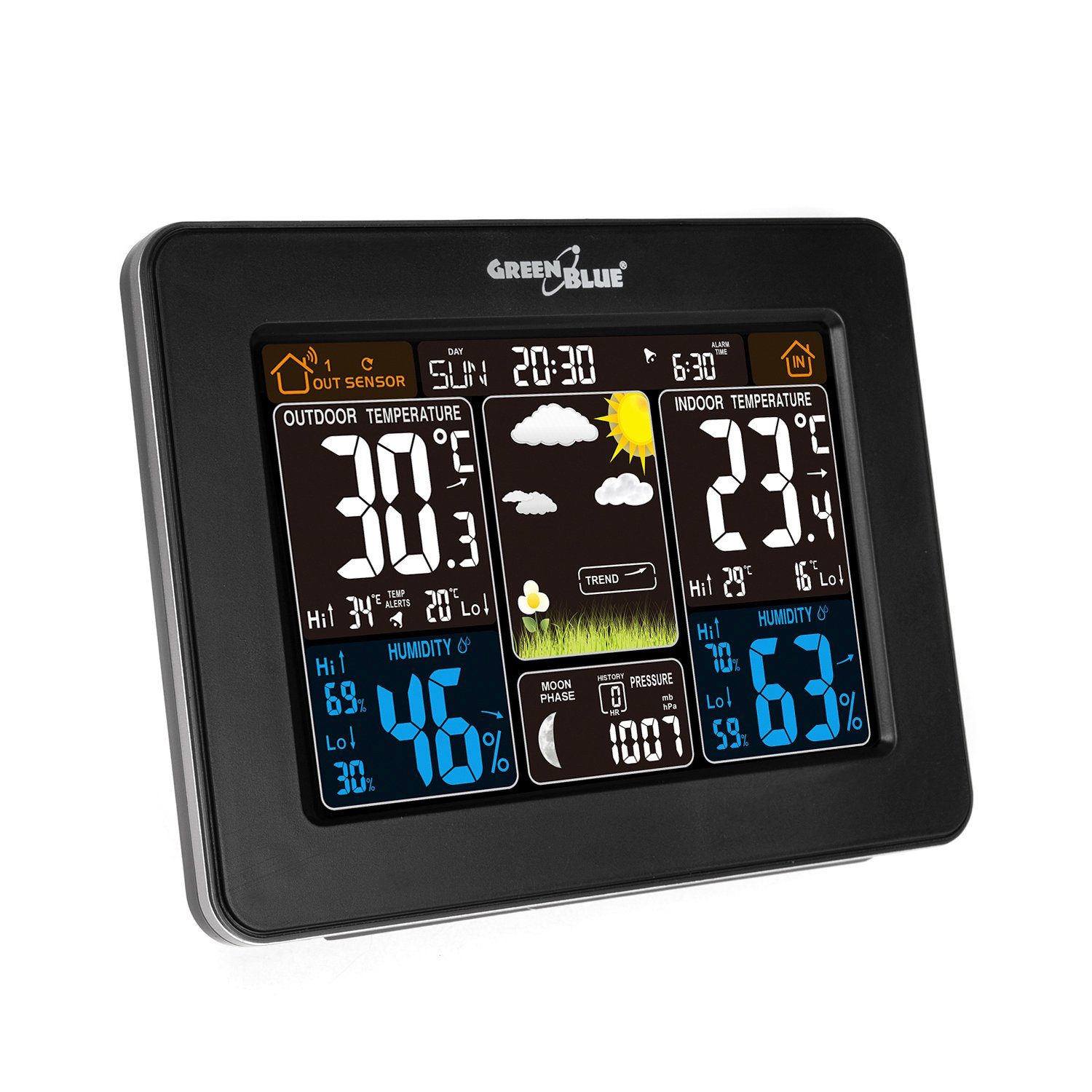 GreenBlue GB523 mit großem Display für Zuhause Wetterstation (Einfach zu bedienen, Temperatur, Luftfeuchtigkeit und Uhrzeit)