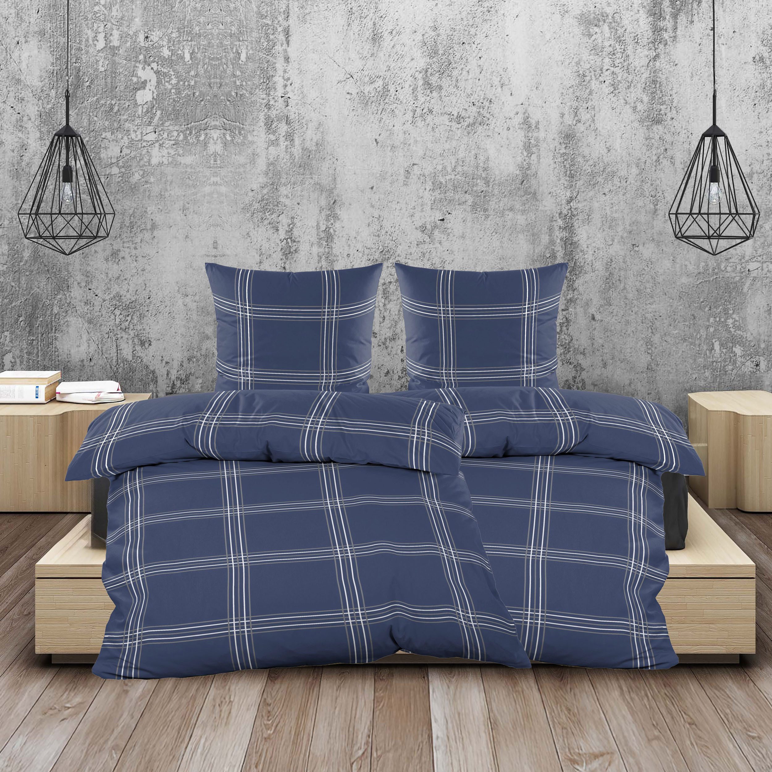 Casa Colori Bettwäsche Kariert Marineblau 135x200 Biber 100% Baumwolle, Bib günstig online kaufen