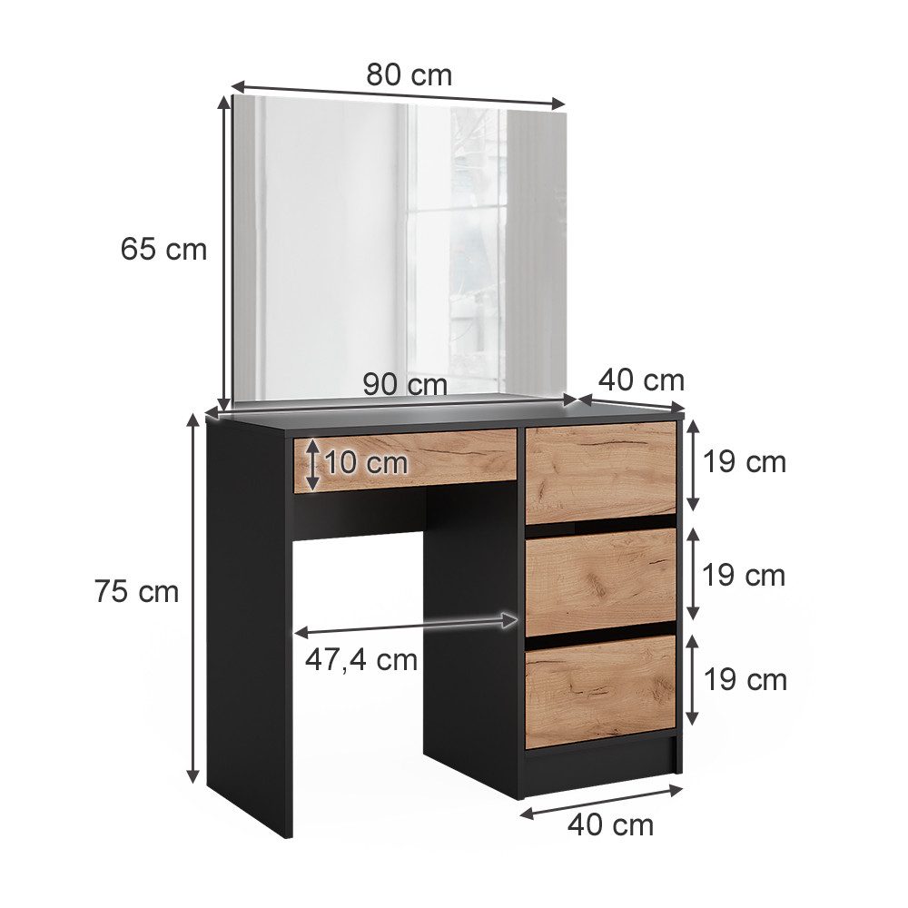 Vicco Schminktisch Sherry, Anthrazit/Goldkraft Eiche, 90 cm mit Spiegel (2-St)