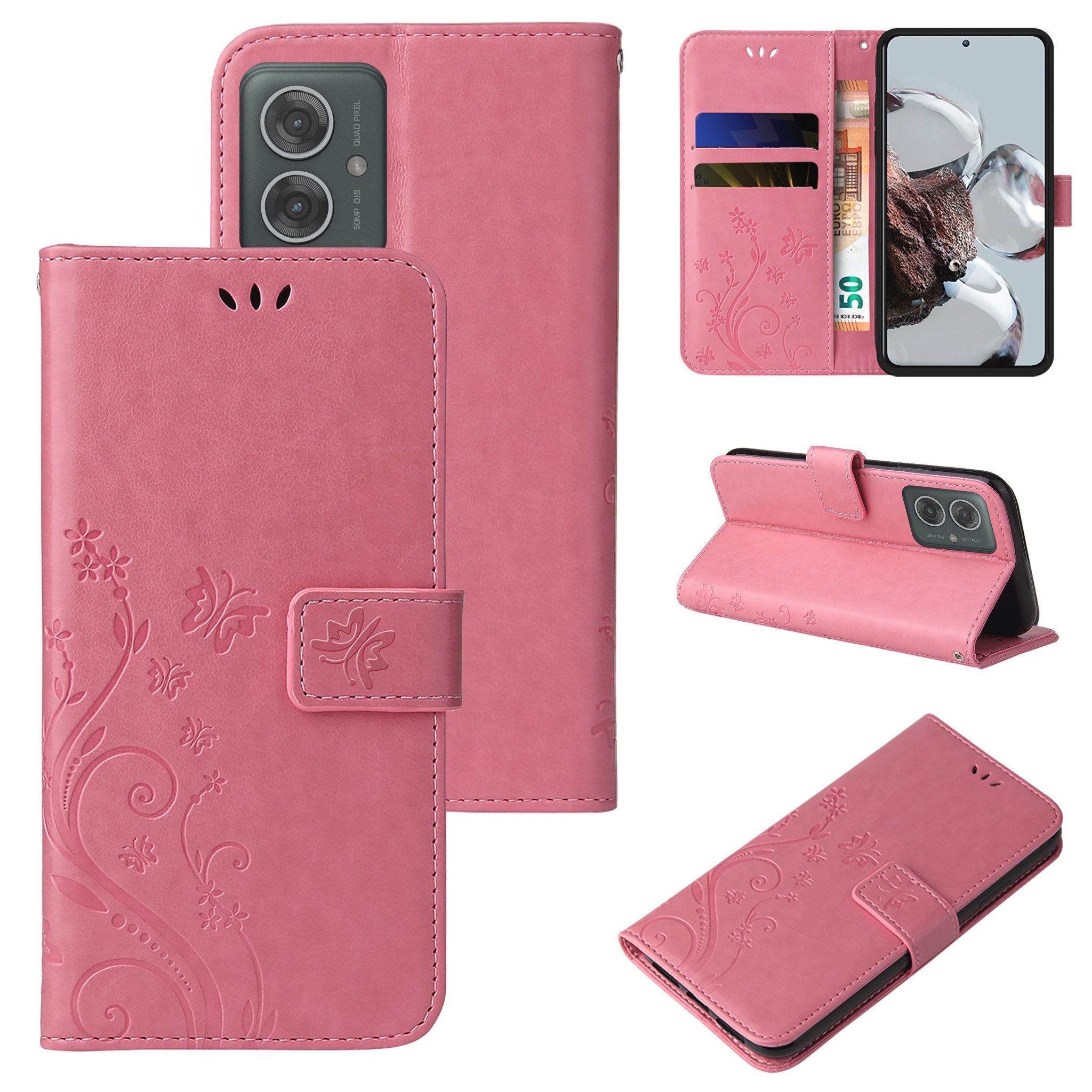 Tec-Expert Handyhülle Cover Tasche Hülle für Motorola Moto G55 5G 6.49 Zoll, 6.49, Klapphülle Case mit Kartenfach Fliphülle aufstellbar, Motiv Blumen