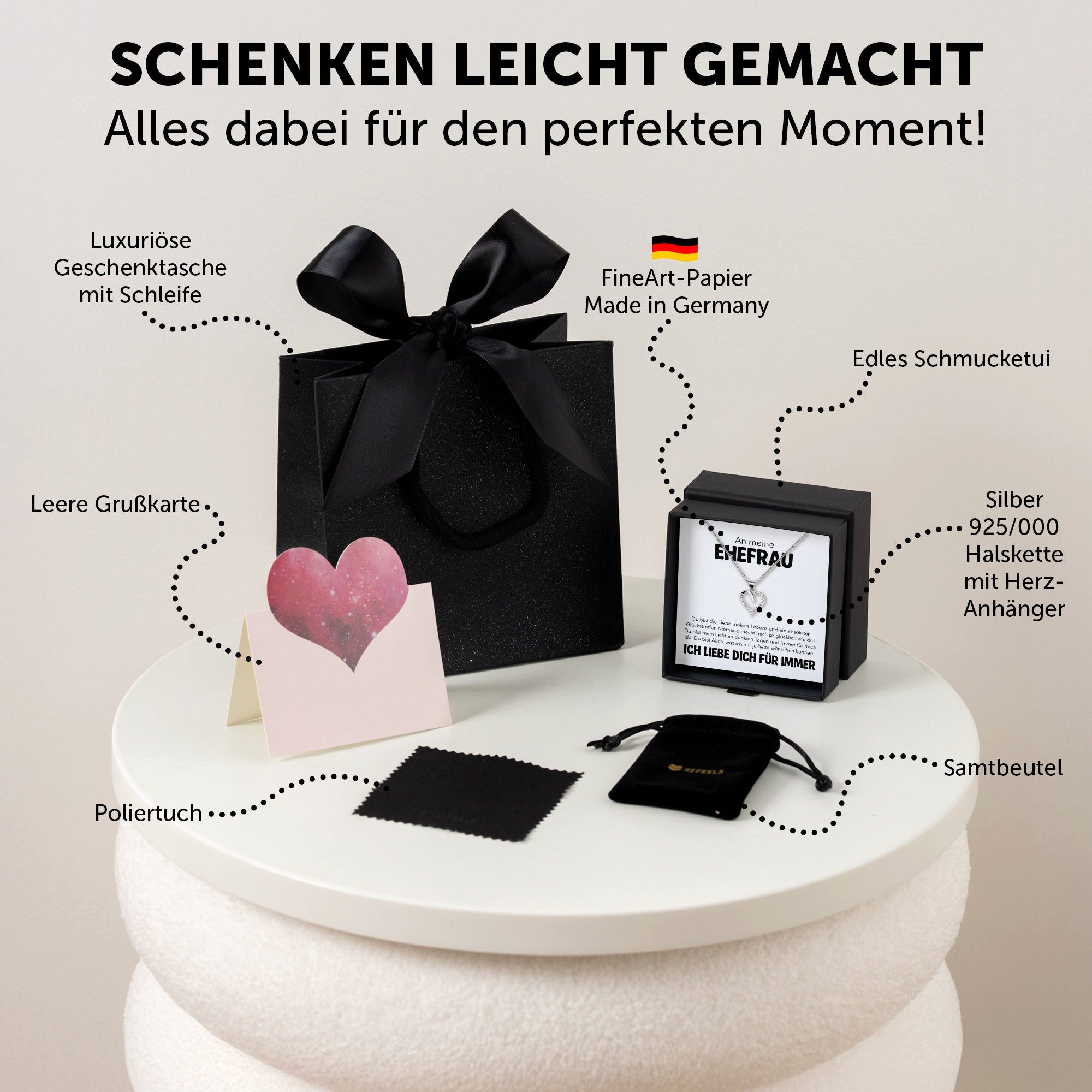 22Feels Schmuckset Hochzeitstag Geschenk Ehefrau Ich Liebe Dich Kette Herz Frauen Damen (inkl. Geschenktasche, Karte, Poliertuch, Beutel), Silber 925/000, Karte Made In Germany