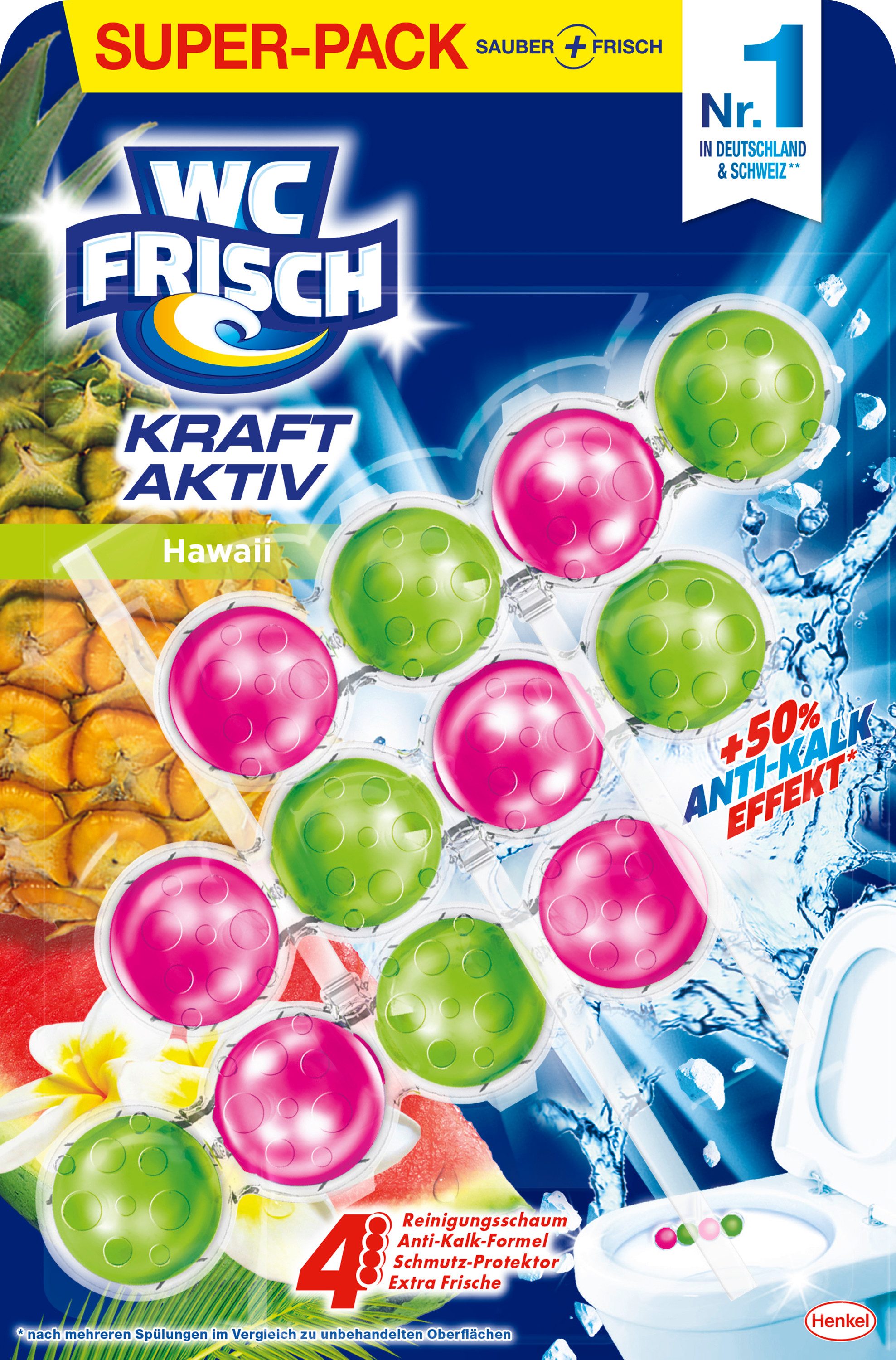 WC Frisch WC FRISCH Urlaubsträume Hawaii Kraft-Aktiv Duftstein WC-Reiniger (Super-Pack, [3-St. Duftsteine mit +50% Anti-Kalk-Effekt für langanhaltende Frische)