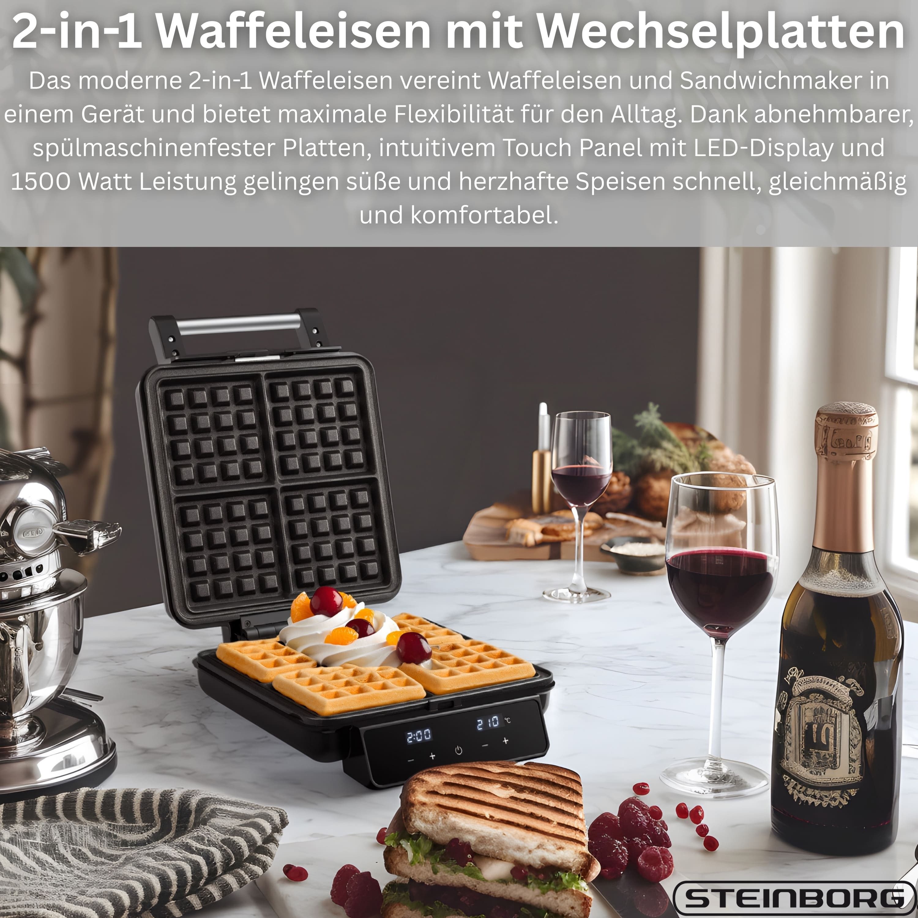 STEINBORG 2-in-1-Kombi-Waffeleisen SB-2241, 1500 W, Touch-Display