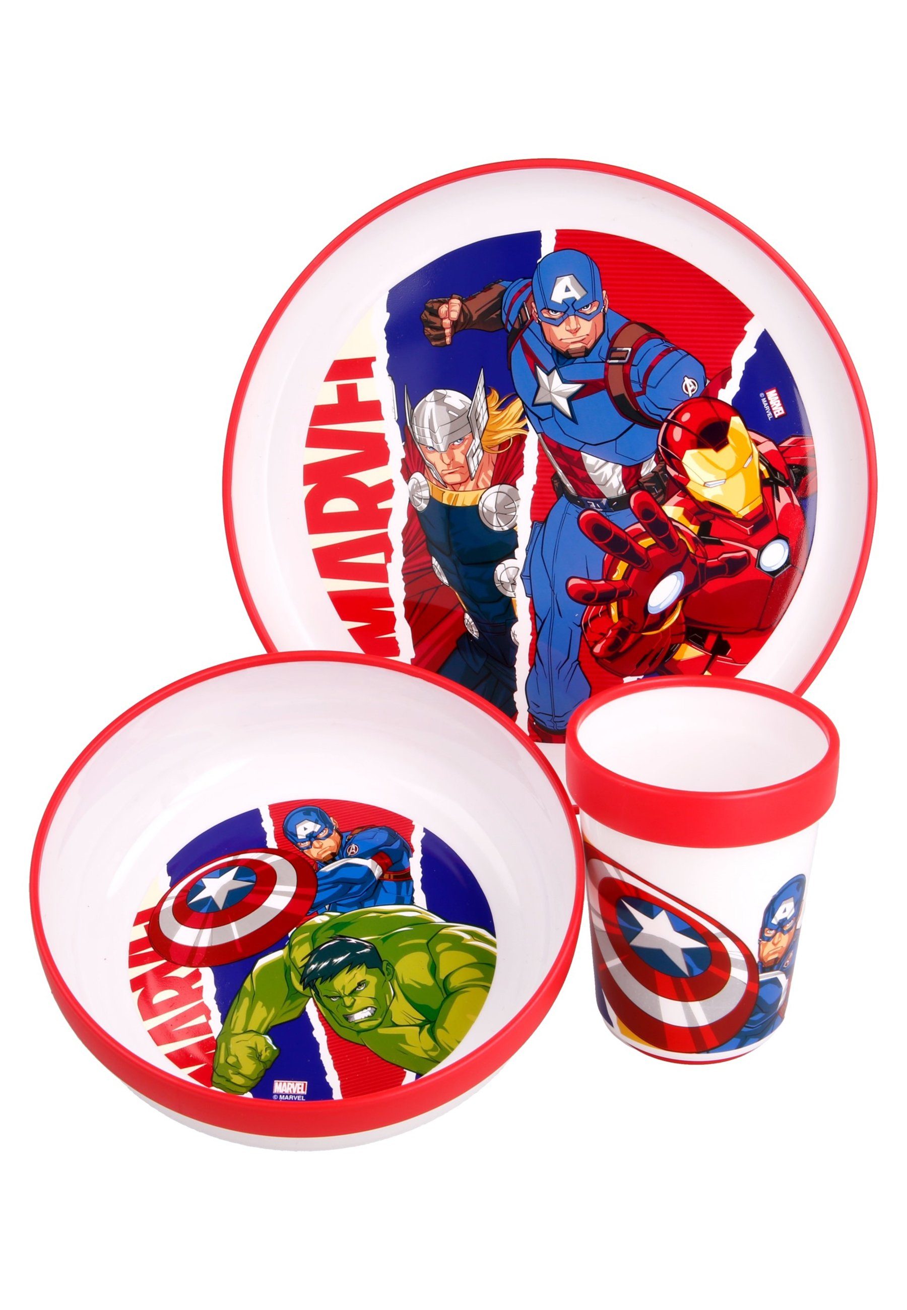 The AVENGERS Kindergeschirr-Set Comic Heros Kinder Geschirr-Set Teller Schale Becher Geschenk-Set (3-tlg), BPA-Frei