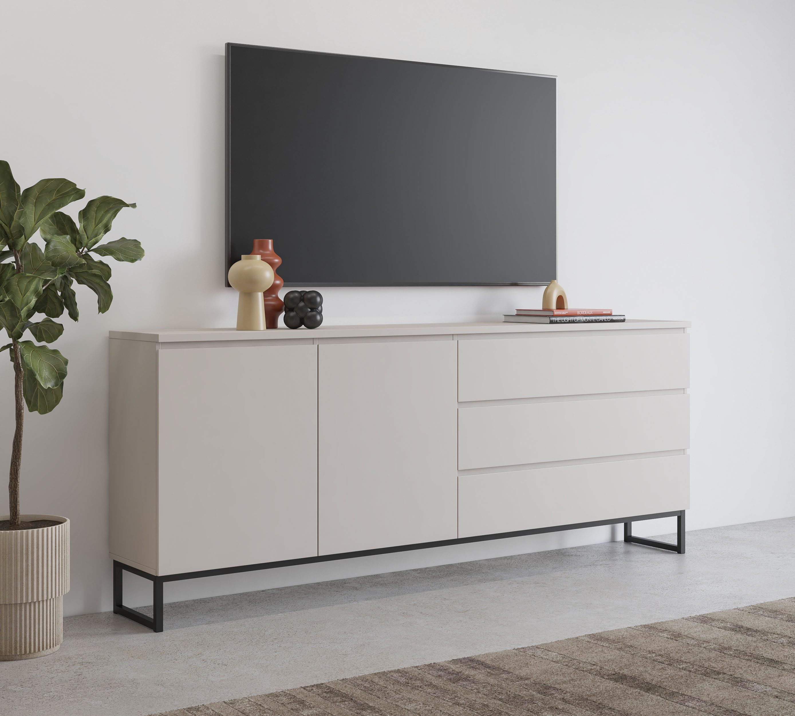 OTTO home Sideboard Modo II, Breite 200 cm, moderne grifflose Kommode 2Türen/3 SK, Schubladenkommode viel Stauraum, Einlegeböden verstellbar, Metallkufen