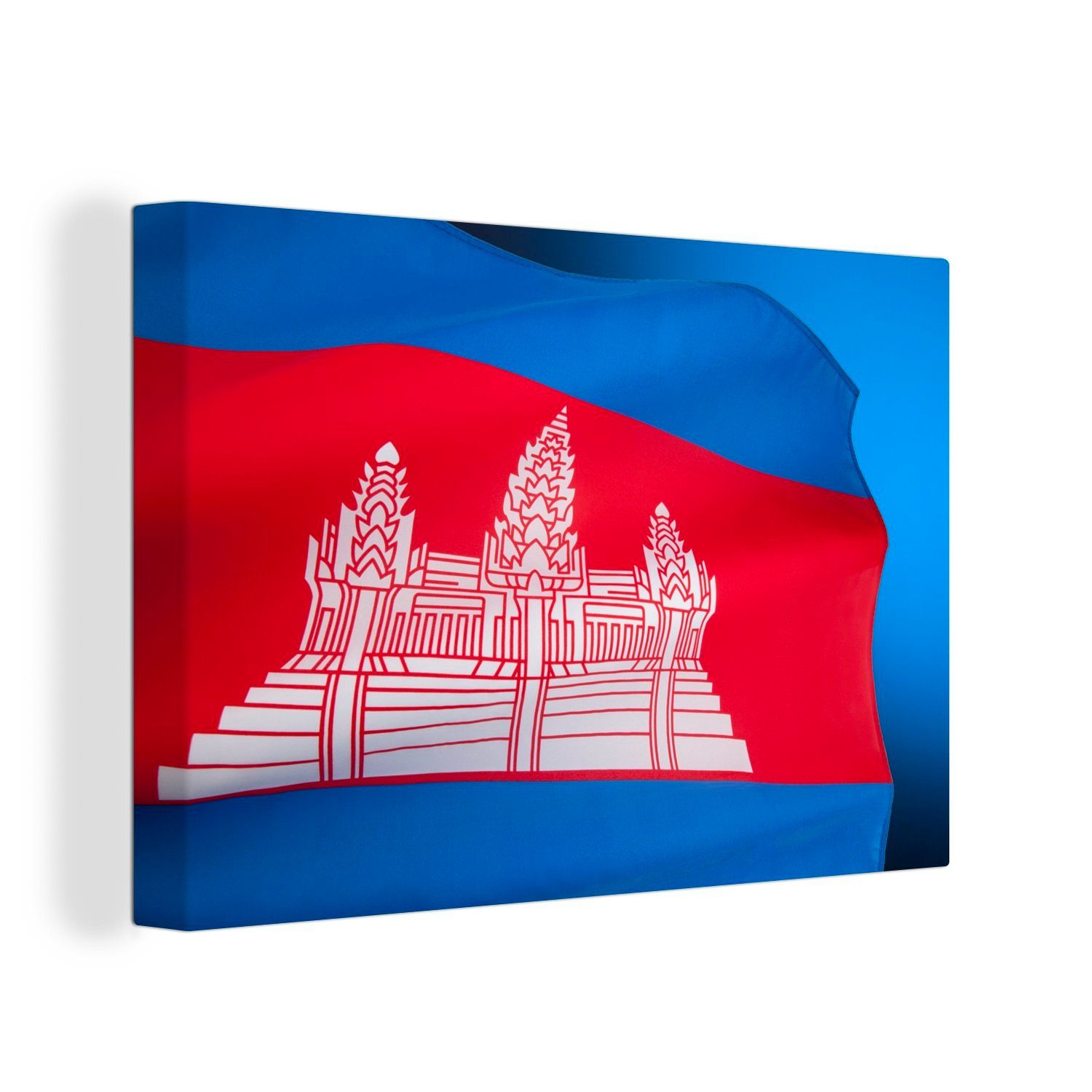 OneMillionCanvasses® Leinwandbild Flagge von Kambodscha auf einem schwarz-blauen Hintergrund, (1 St), Wandbild Leinwandbilder, Aufhängefertig, Wanddeko, 30x20 cm